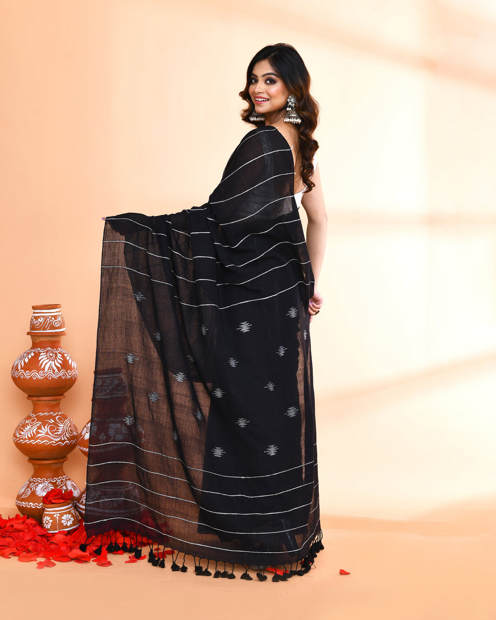 Black Hand Work Cotton Jamdani Saree with Blouse