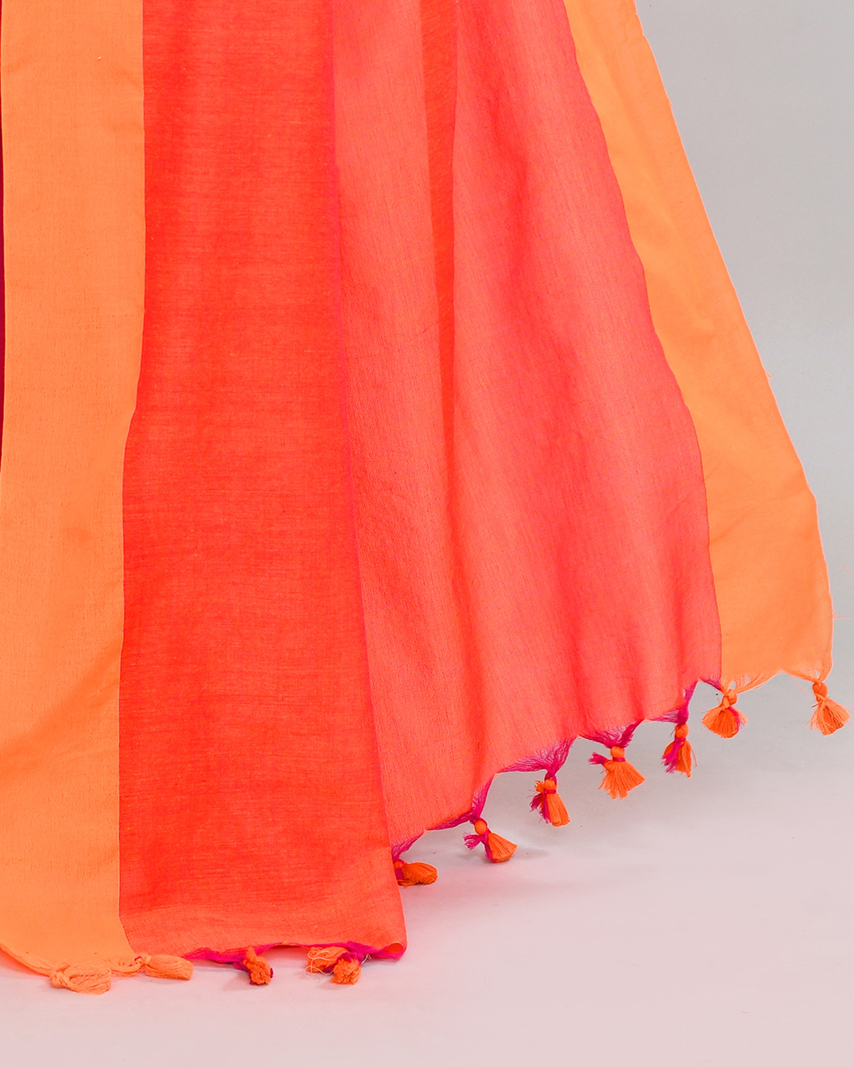Rani Pink Cotton Saree with Orange Border and Tassel Detail
