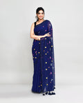 Blue embroidered cotton saree with decorative tassel details