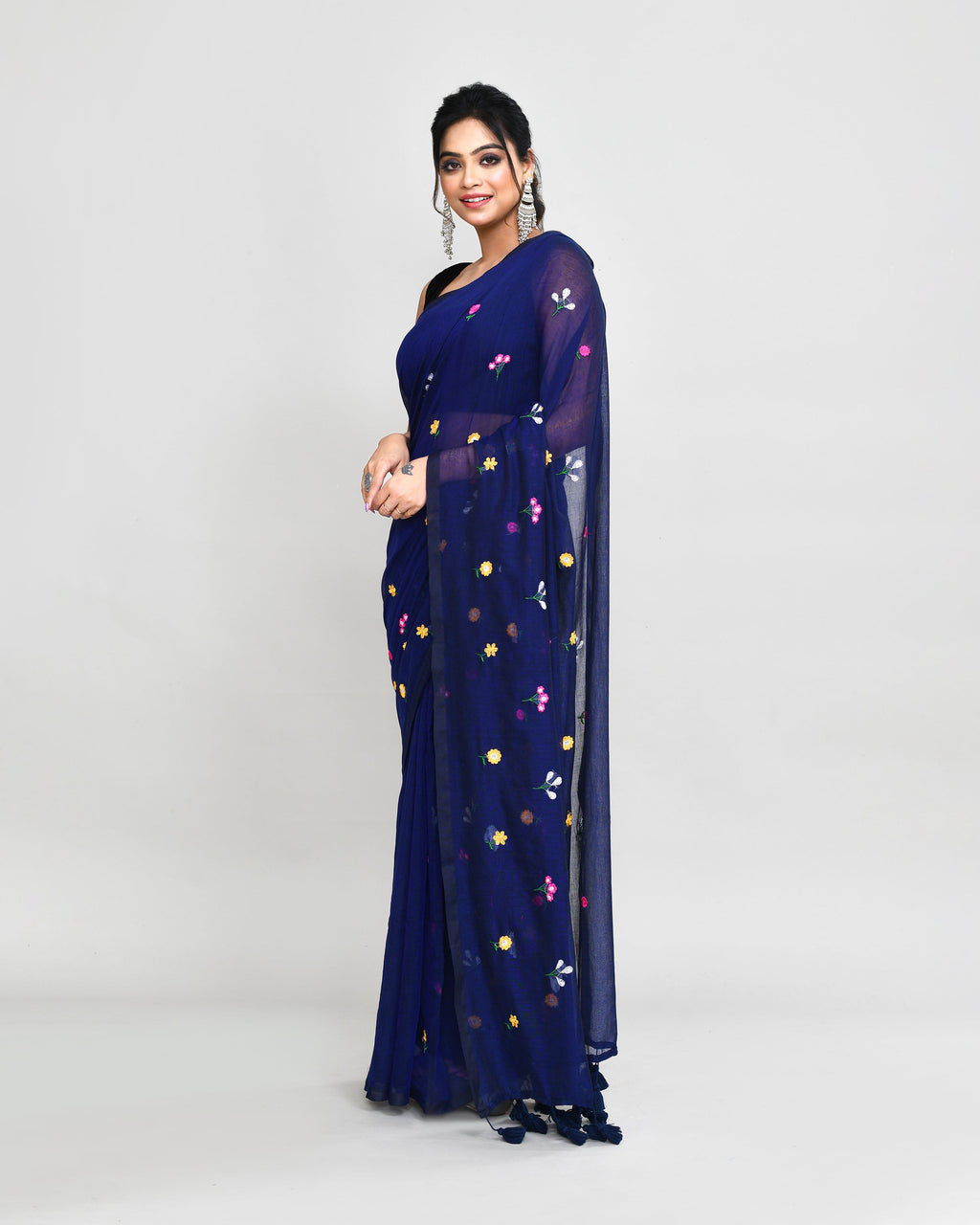 Blue Exclusive Embroidery Saree with Tassels