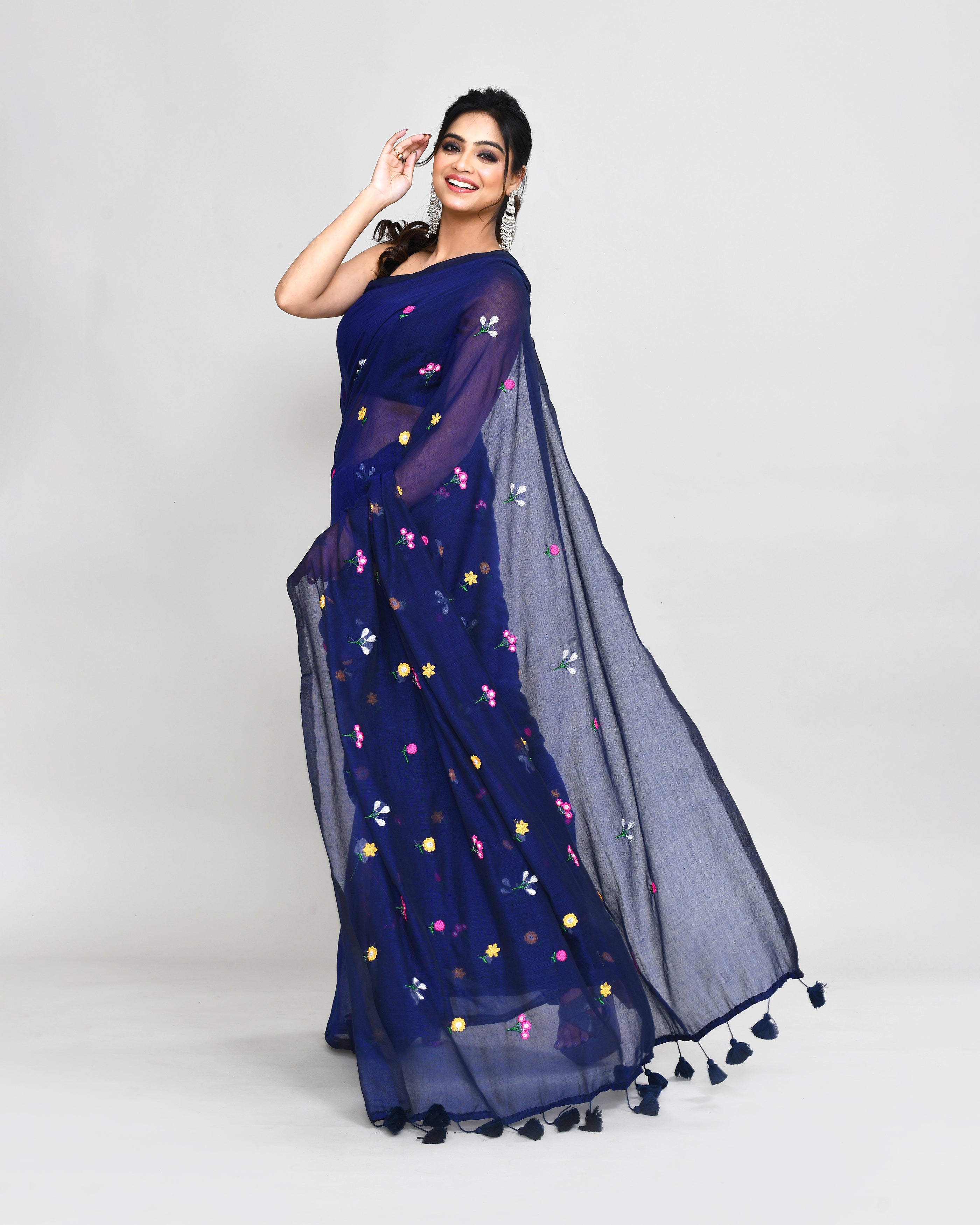 Blue Exclusive Embroidery Saree with Tassels