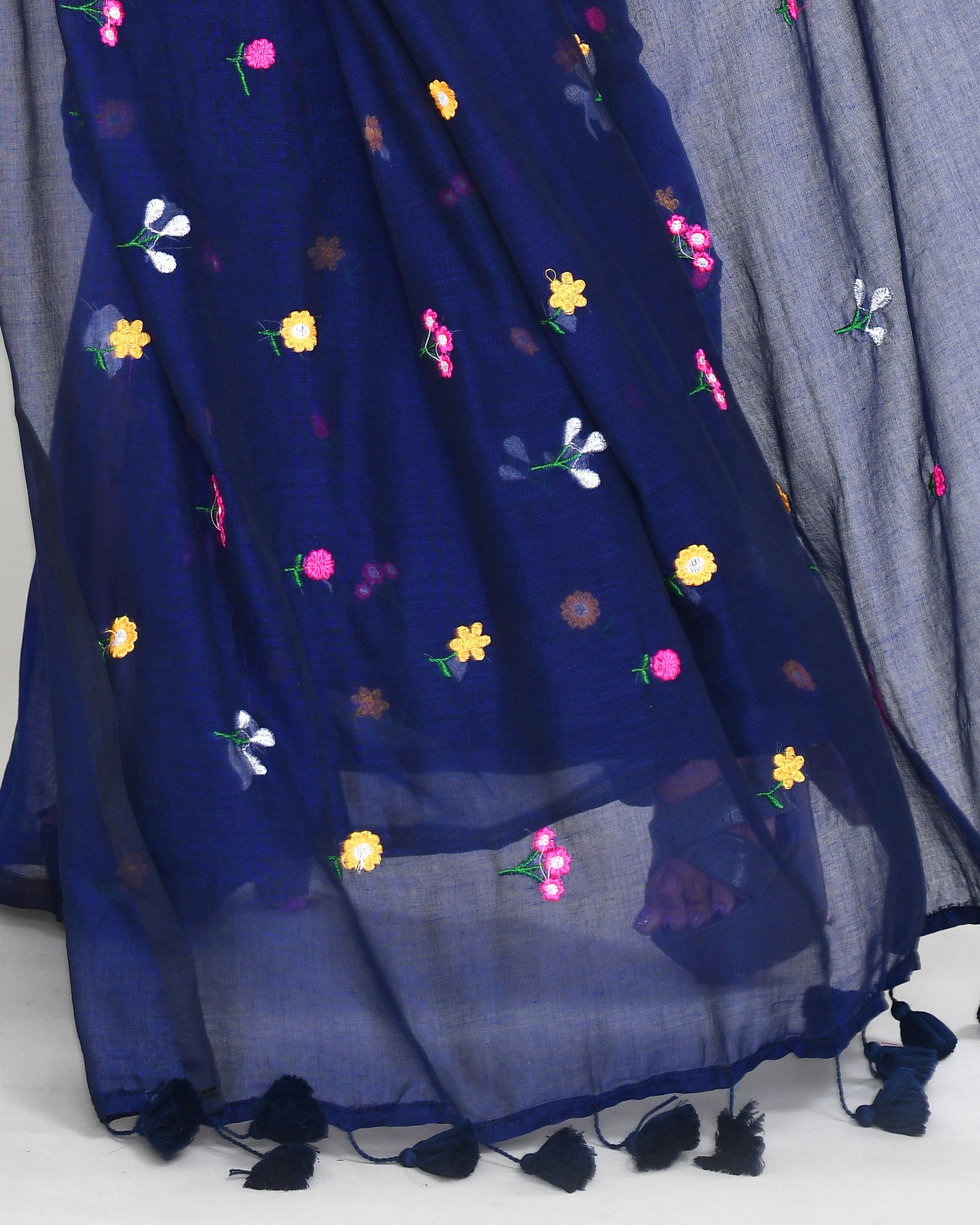 Blue Exclusive Embroidery Saree with Tassels