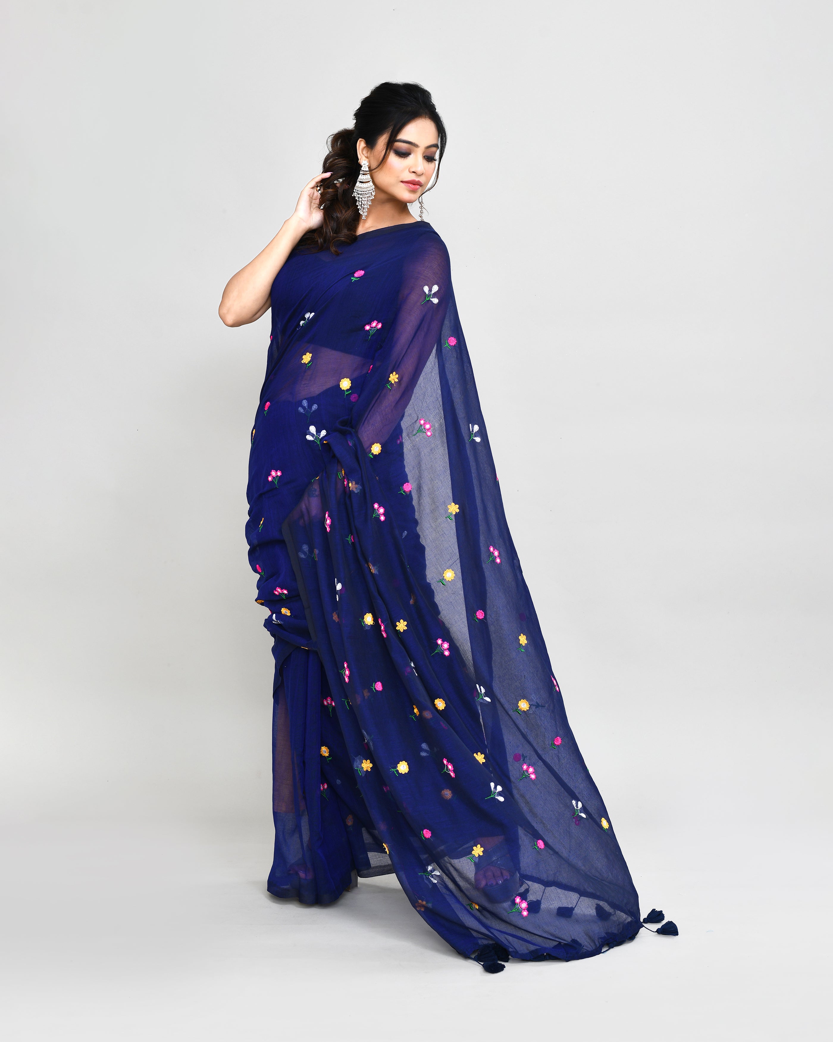 Blue Exclusive Embroidery Saree with Tassels