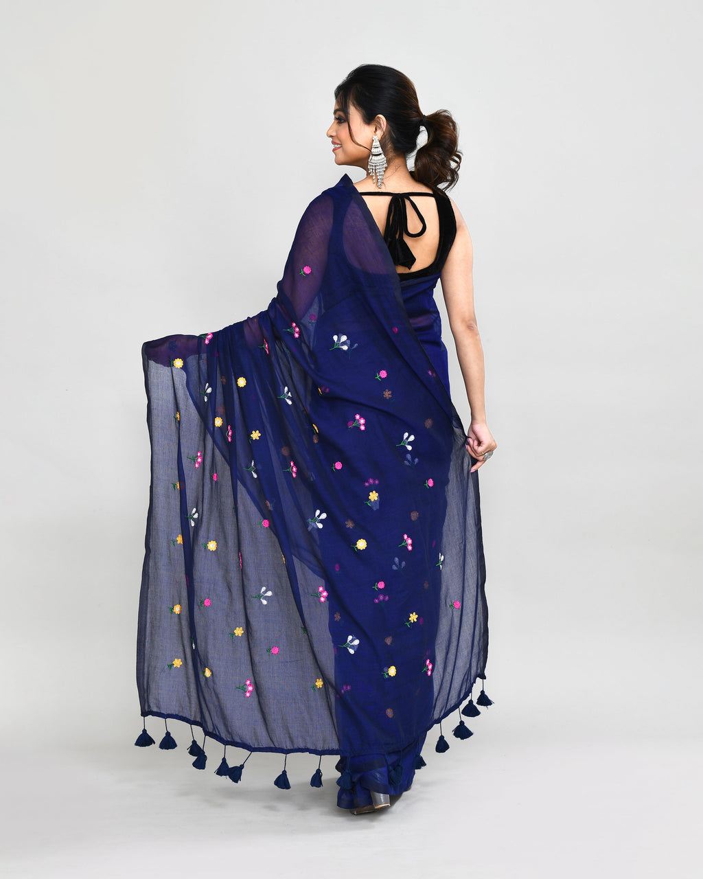 Blue Exclusive Embroidery Saree with Tassels