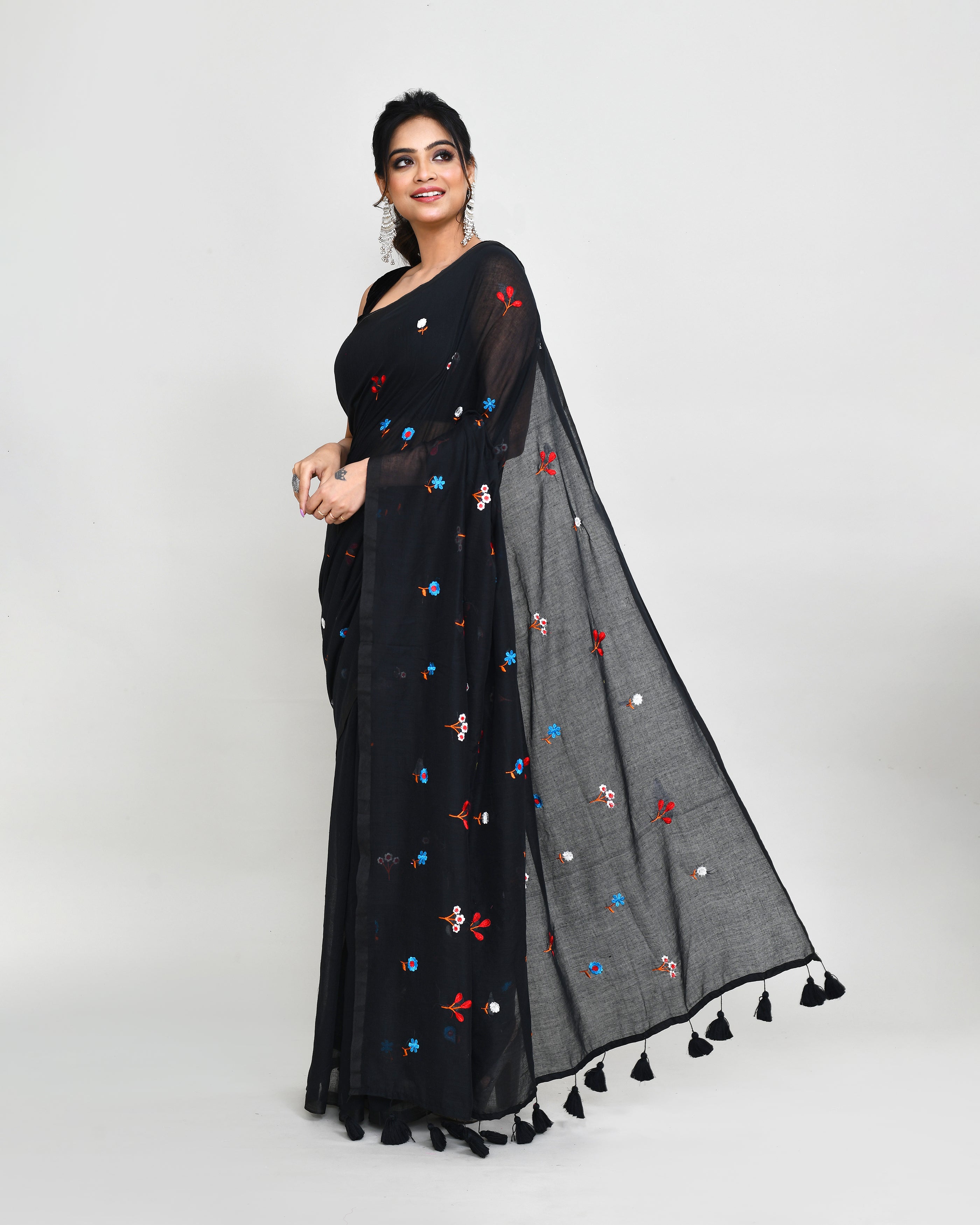 Black Exclusive Embroidery Saree with Tassels