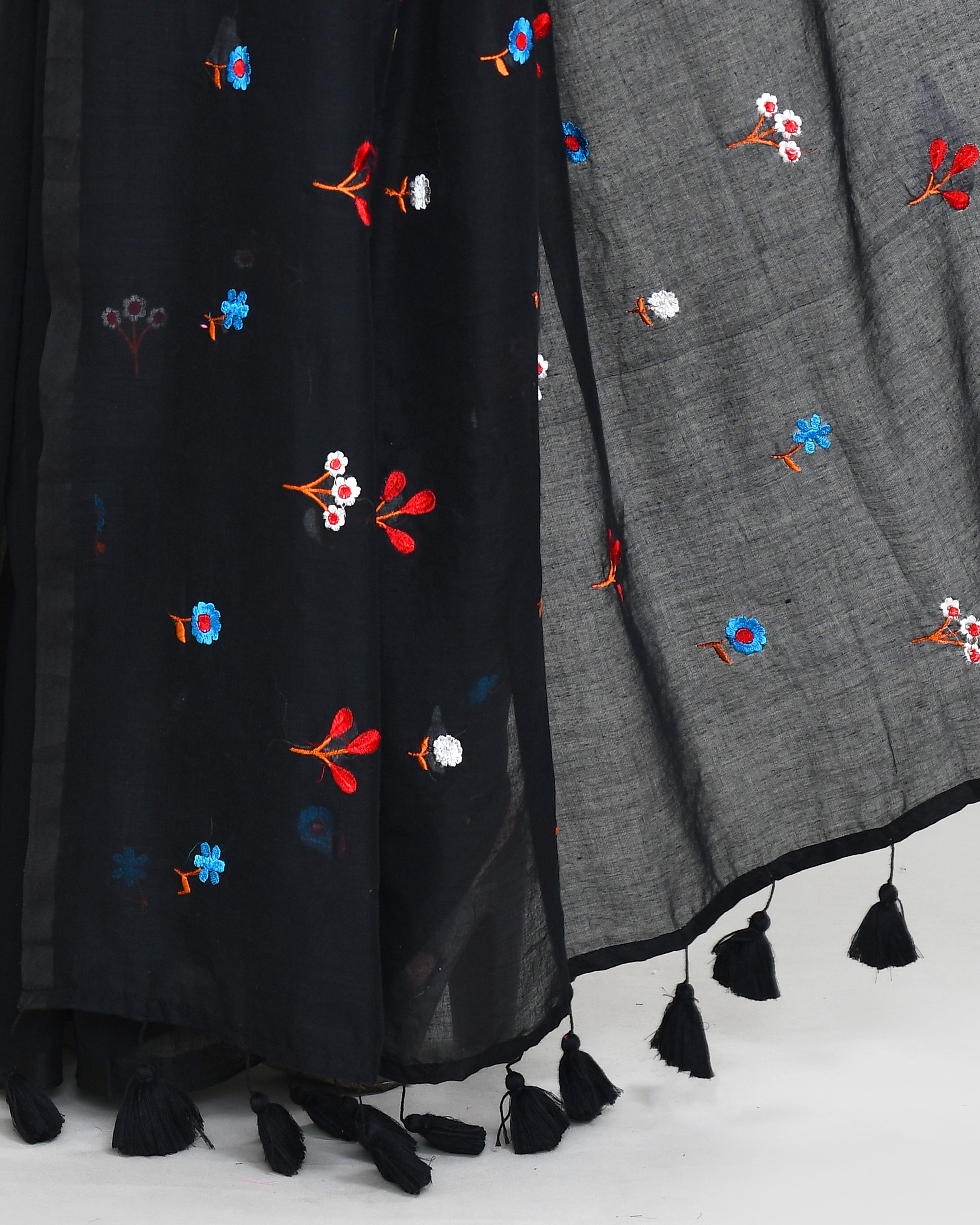 Black Exclusive Embroidery Saree with Tassels