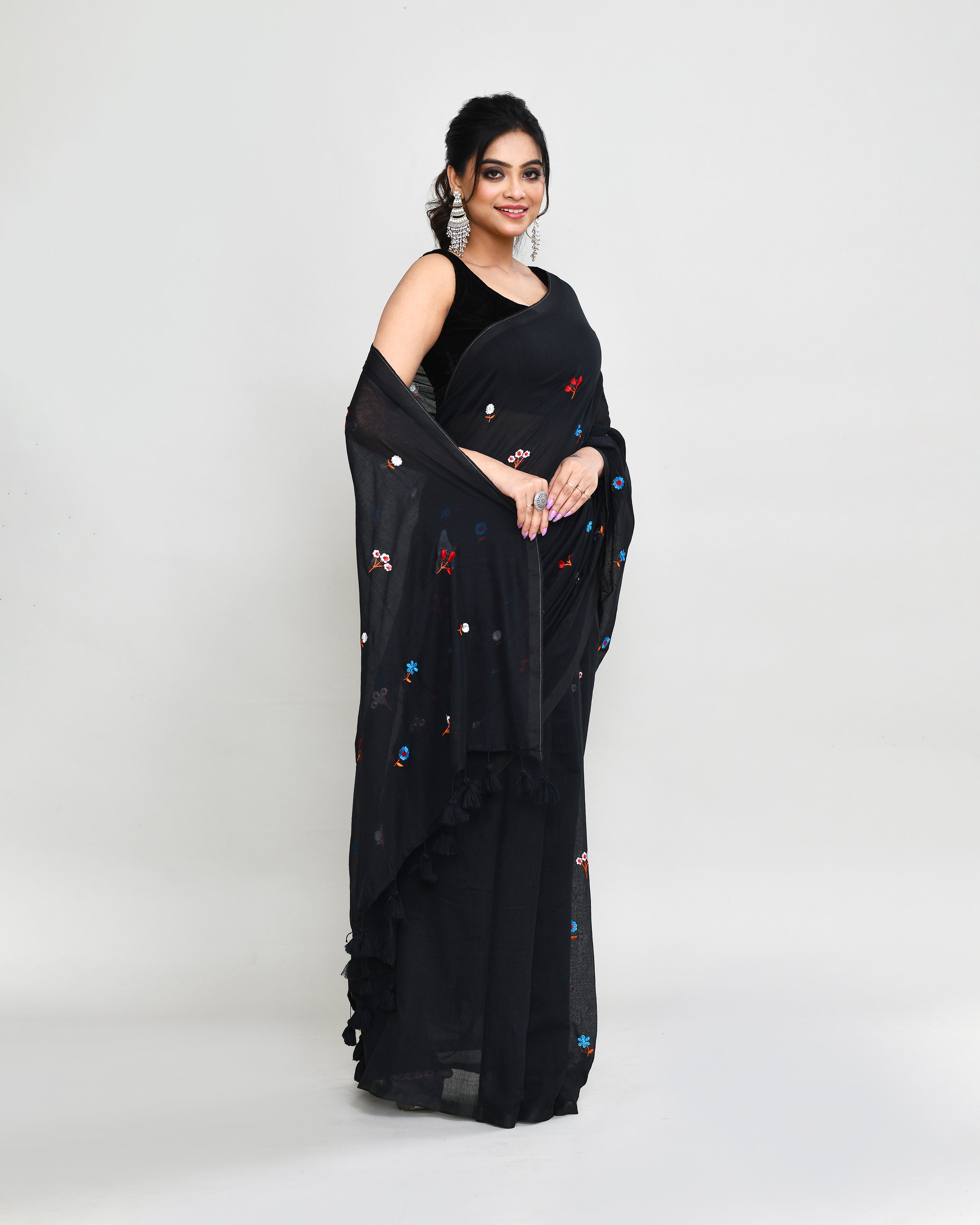 Black Exclusive Embroidery Saree with Tassels