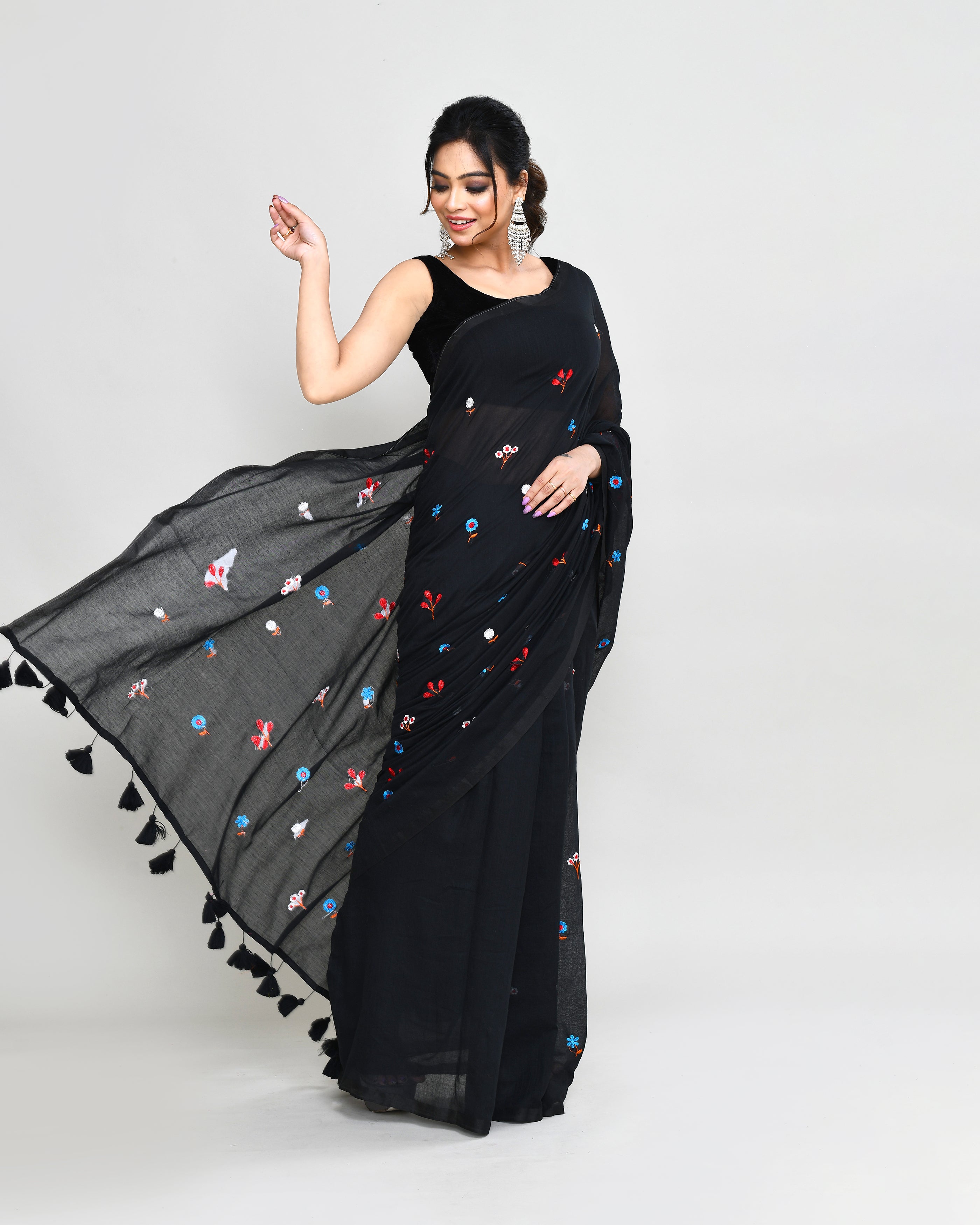 Black Exclusive Embroidery Saree with Tassels