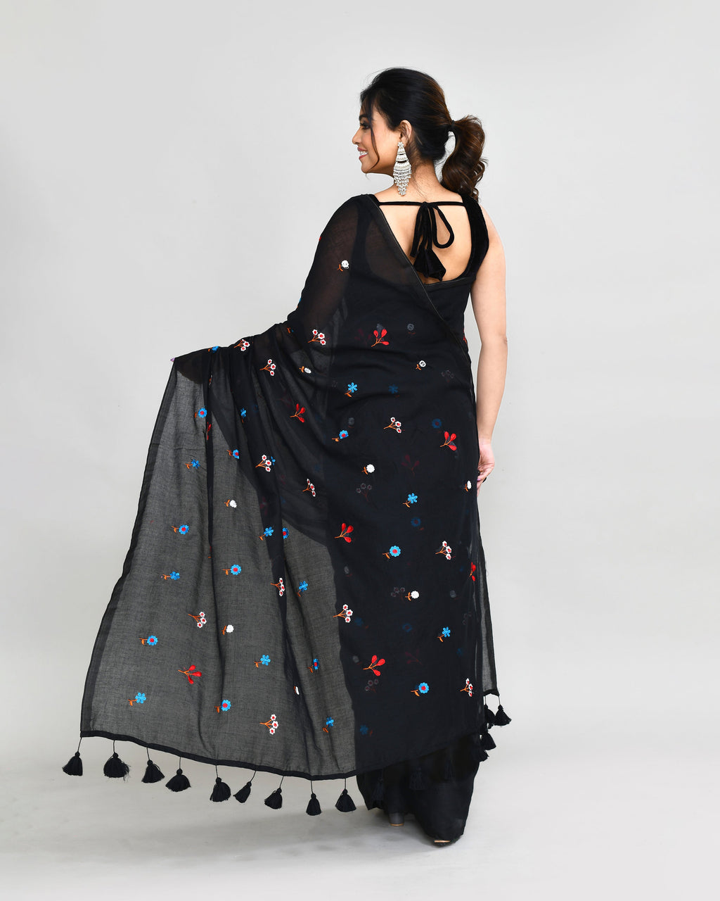 Black Exclusive Embroidery Saree with Tassels
