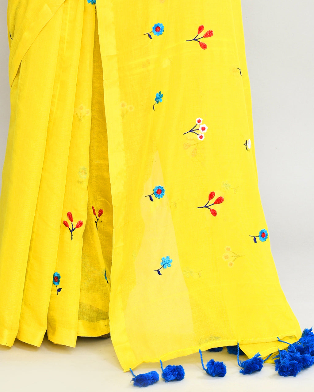 Lemon Floral Embroidery Saree with Tassels and Blue Accents