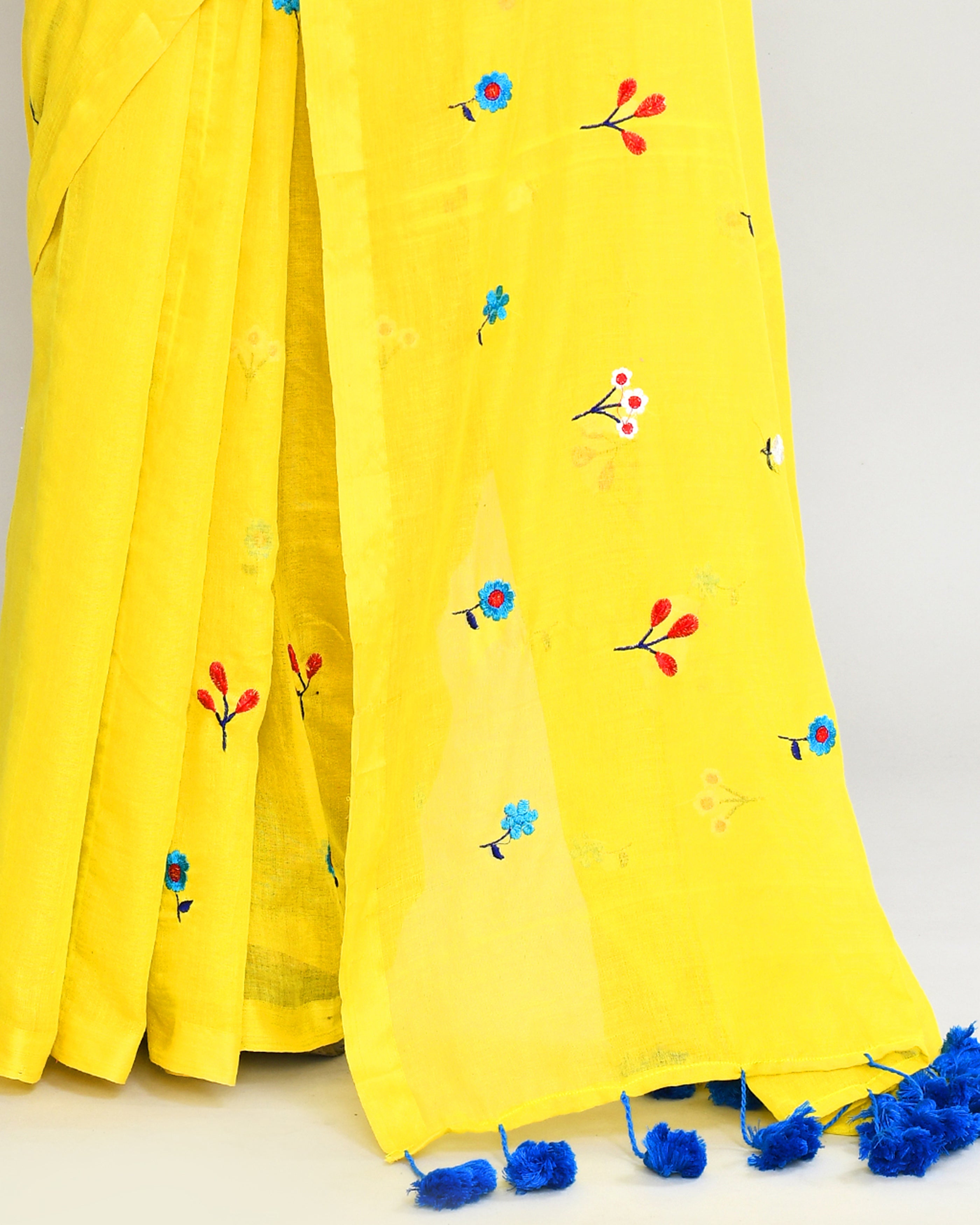 Lemon Floral Embroidery Saree with Tassels and Blue Accents