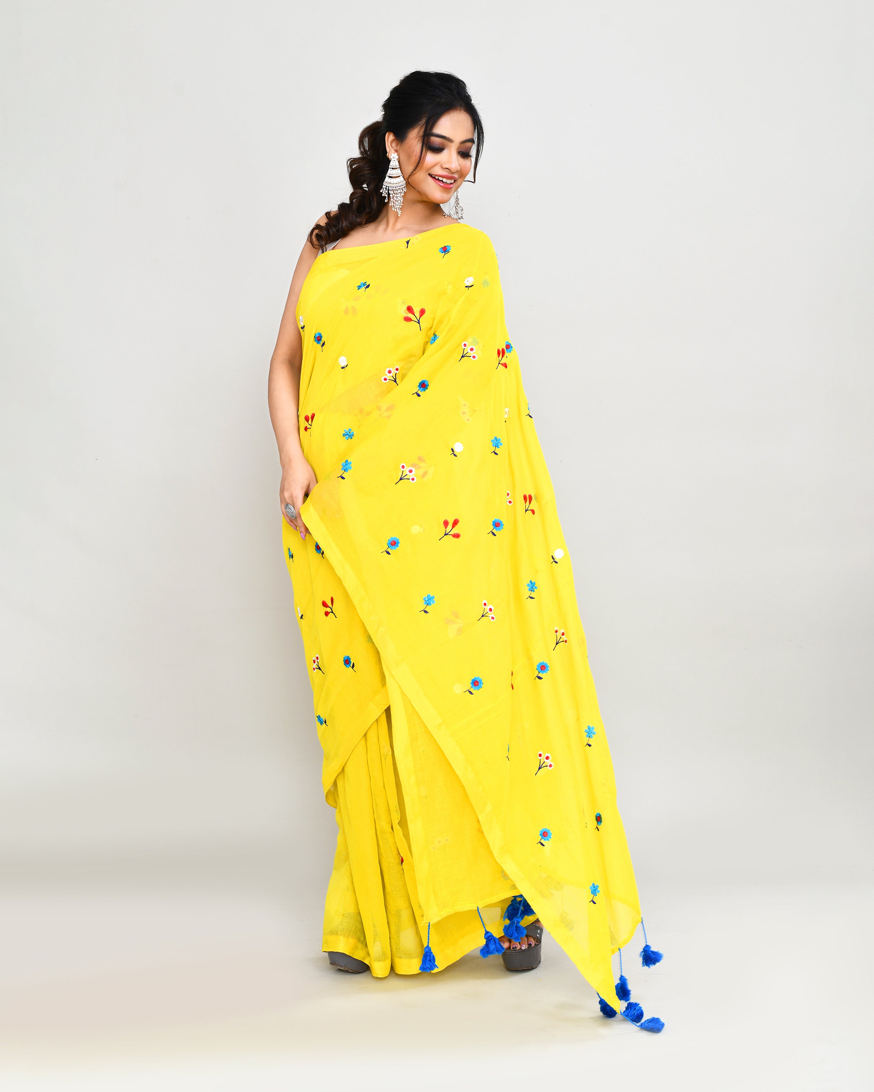 Lemon Floral Embroidery Saree with Tassels and Blue Accents