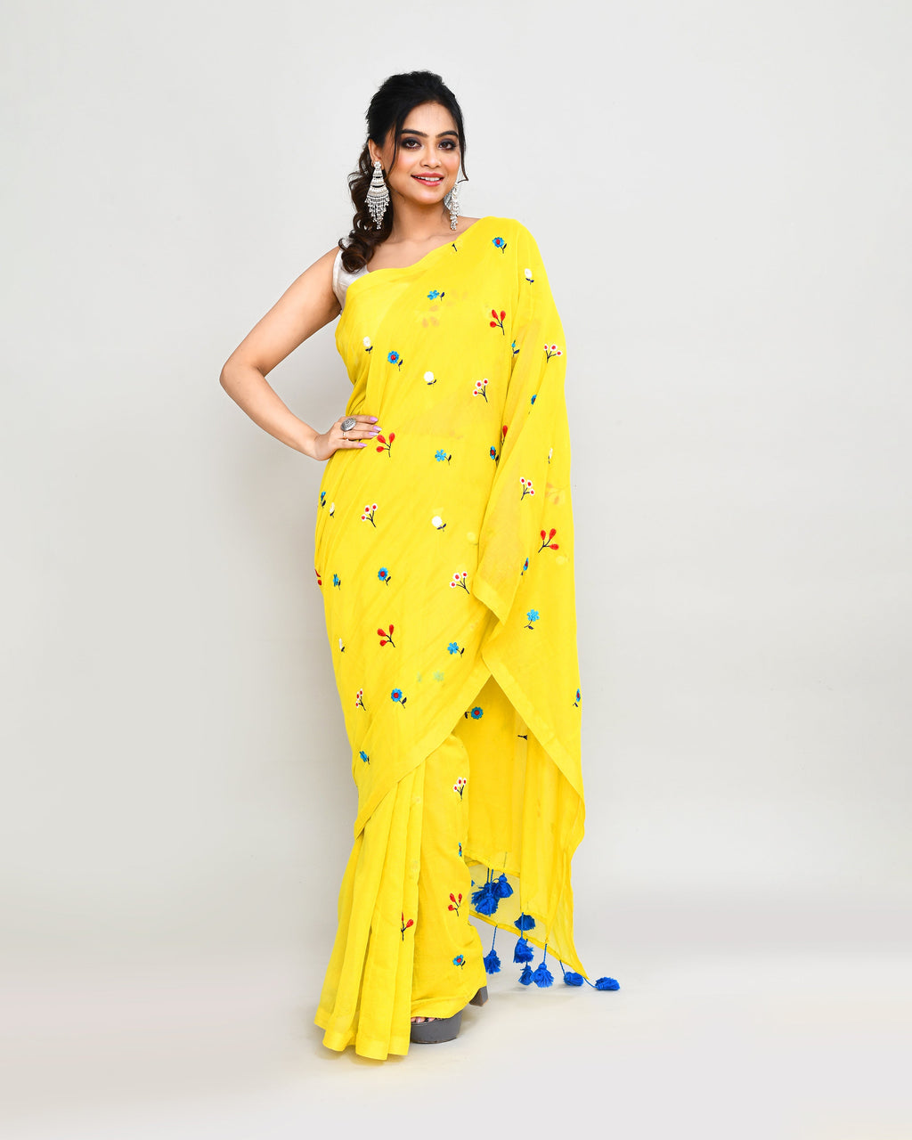 Lemon Floral Embroidery Saree with Tassels and Blue Accents