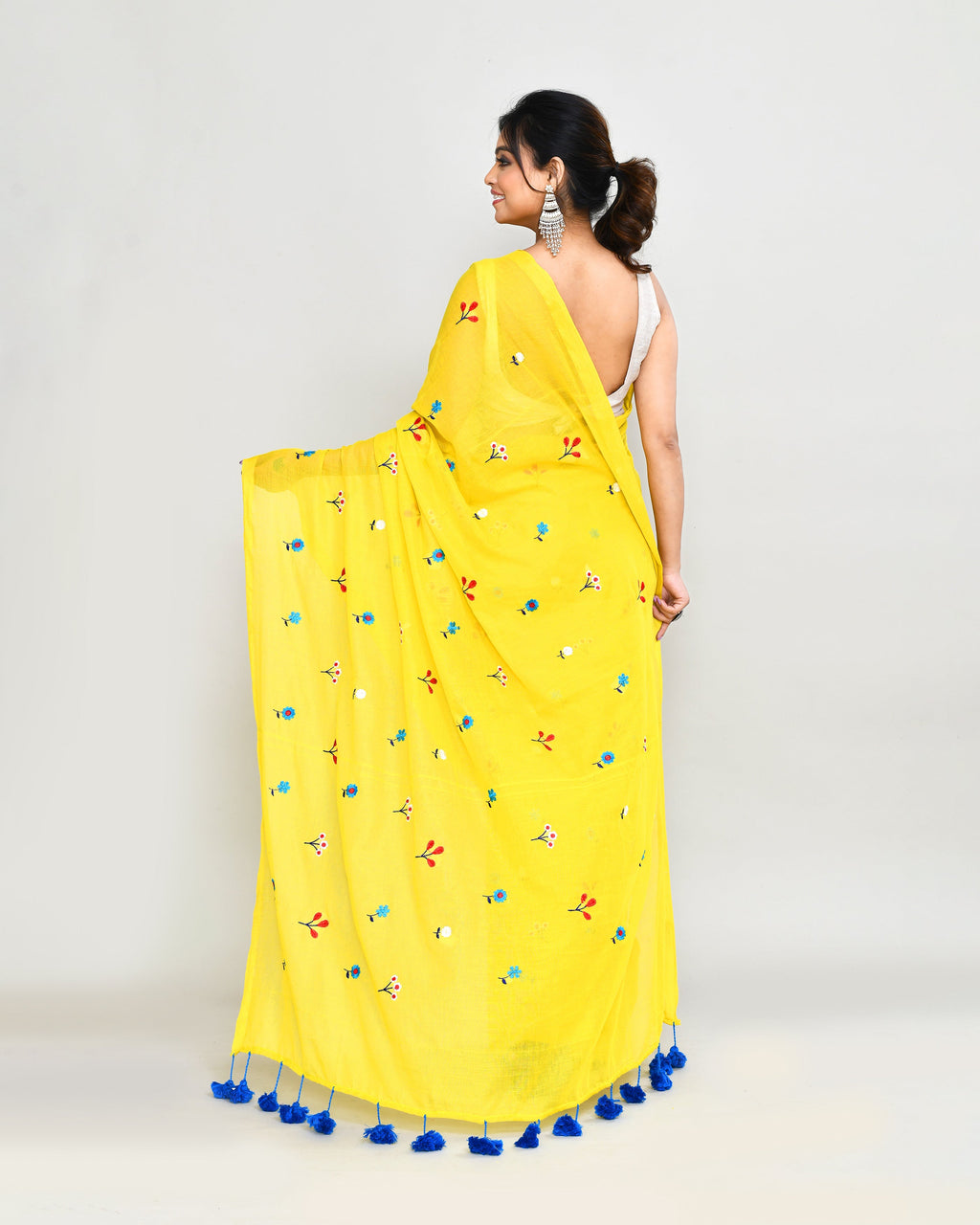Lemon Floral Embroidery Saree with Tassels and Blue Accents