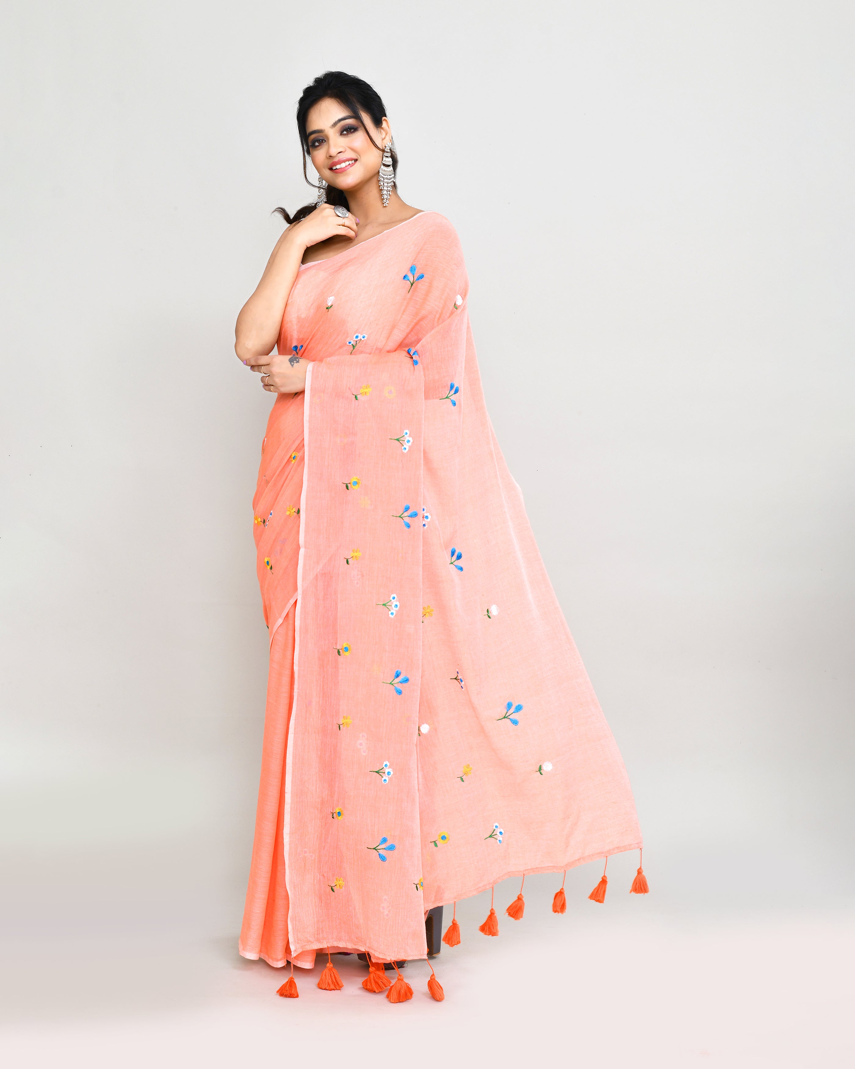 Women's Salmon Exclusive Embroidered Cotton Saree with Tassels