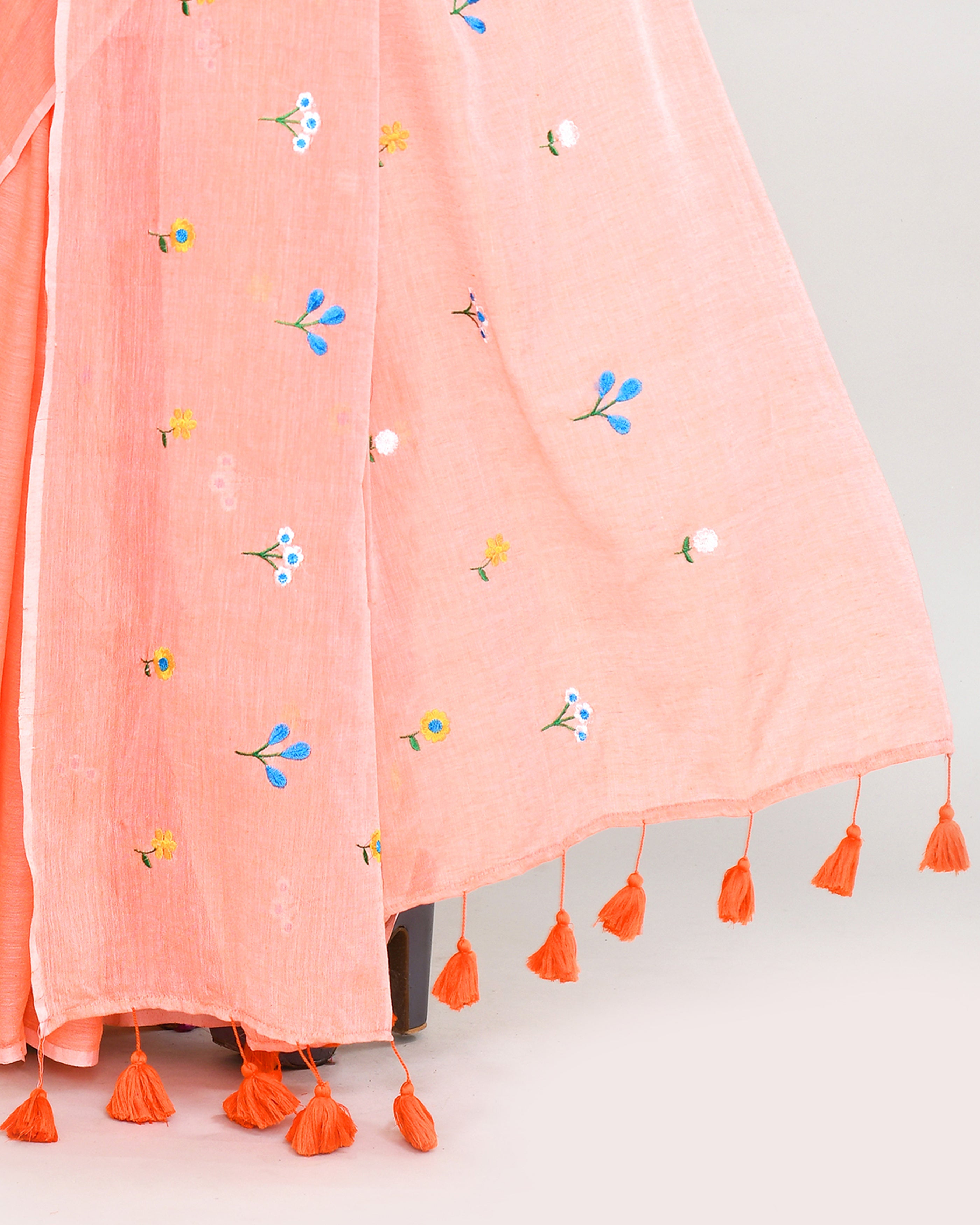 Women's Salmon Exclusive Embroidered Cotton Saree with Tassels