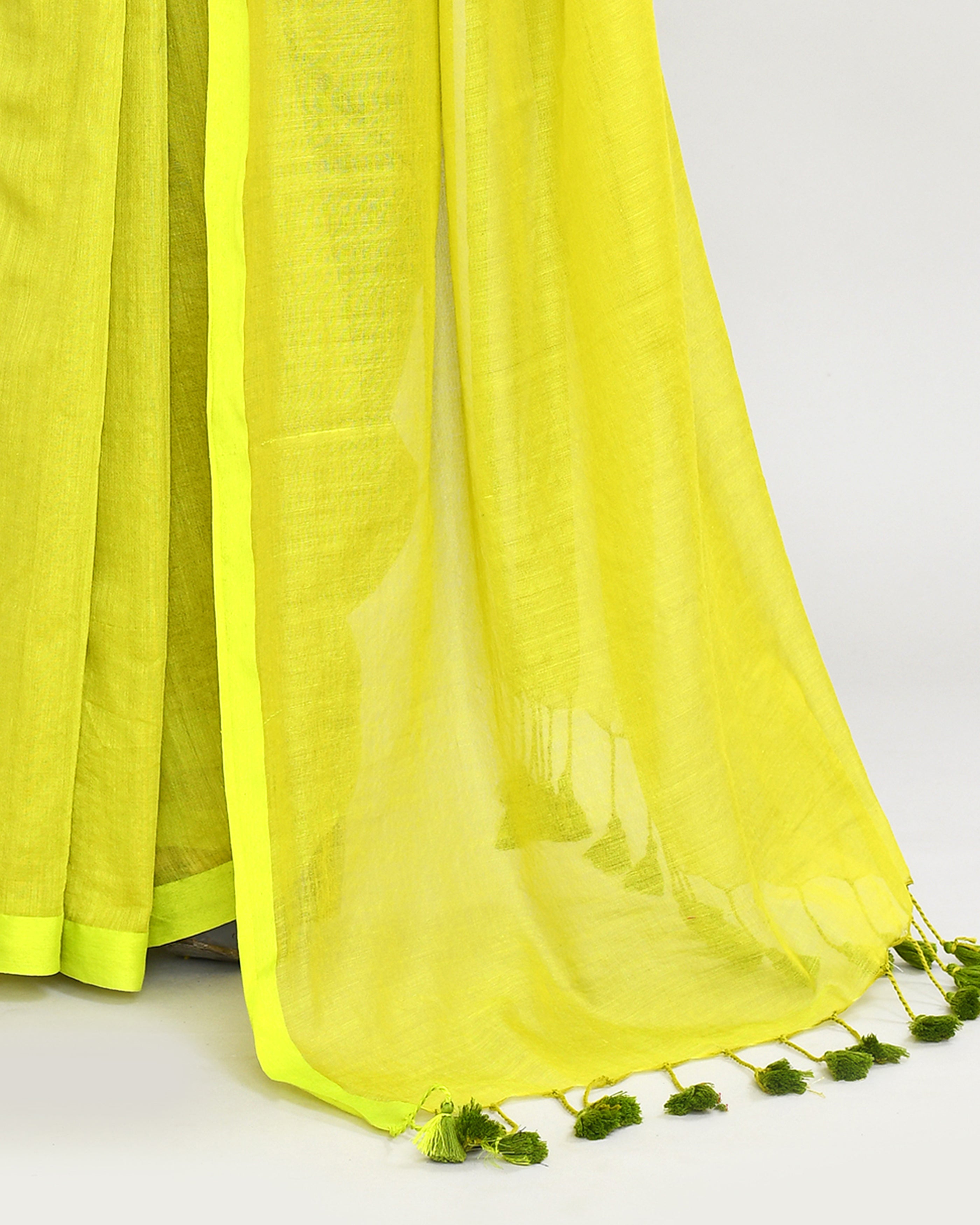 Lime Mulmul Cotton Saree with Tassels - Bohemian Minimalist Sari