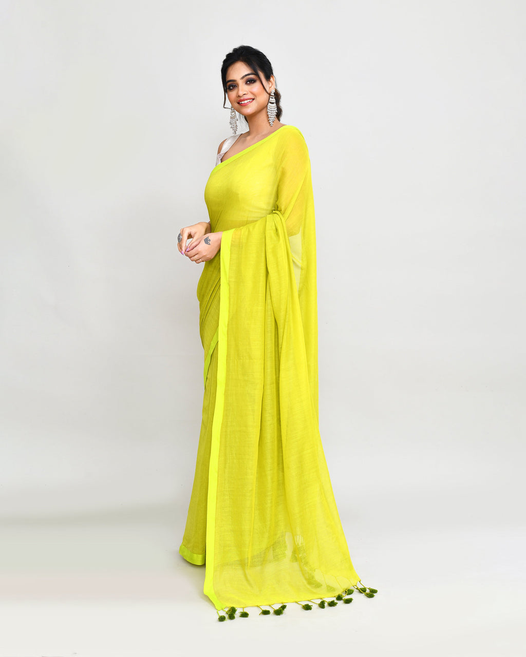 Lime Mulmul Cotton Saree with Tassels - Bohemian Minimalist Sari