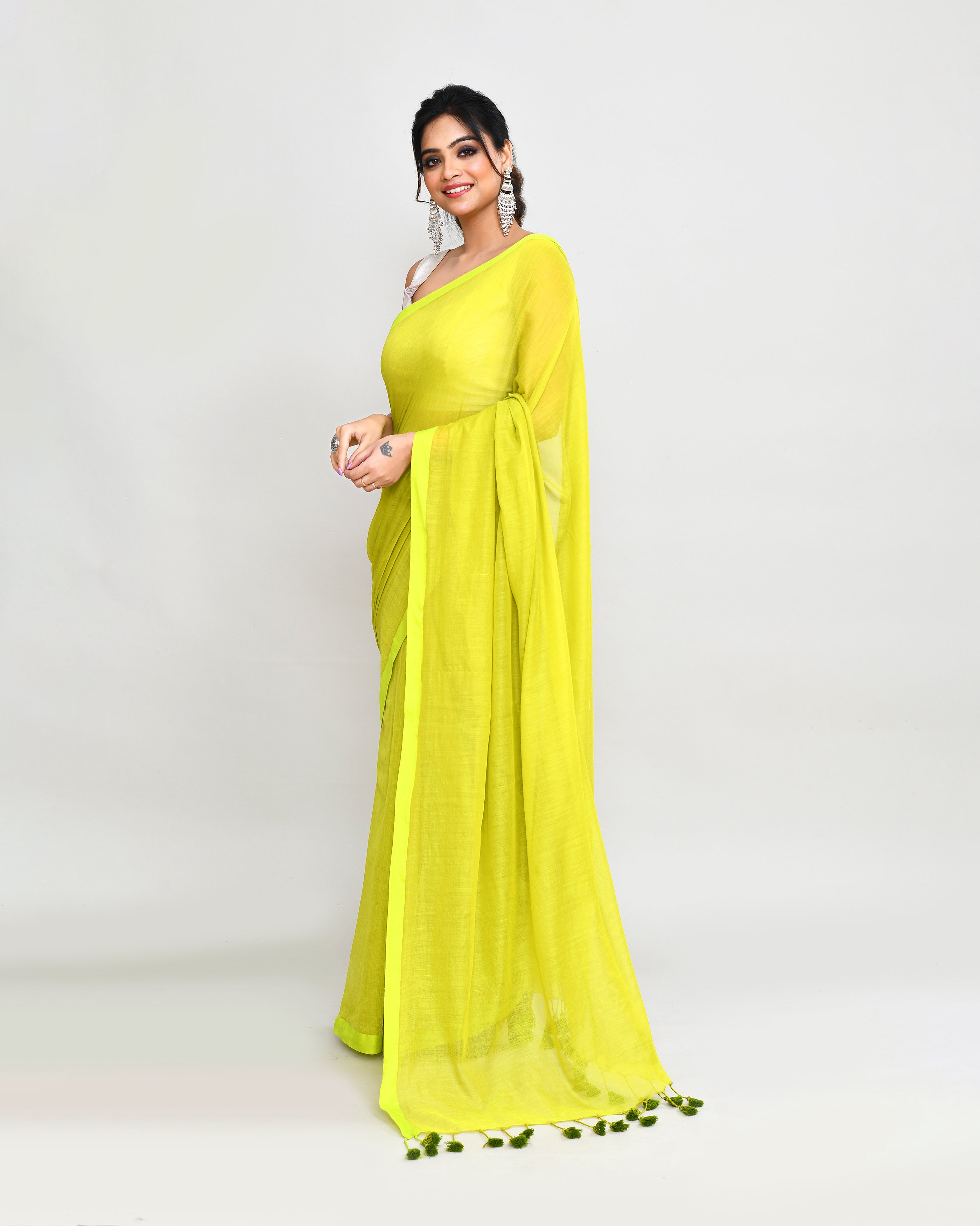 Lime Mulmul Cotton Saree with Tassels - Bohemian Minimalist Sari