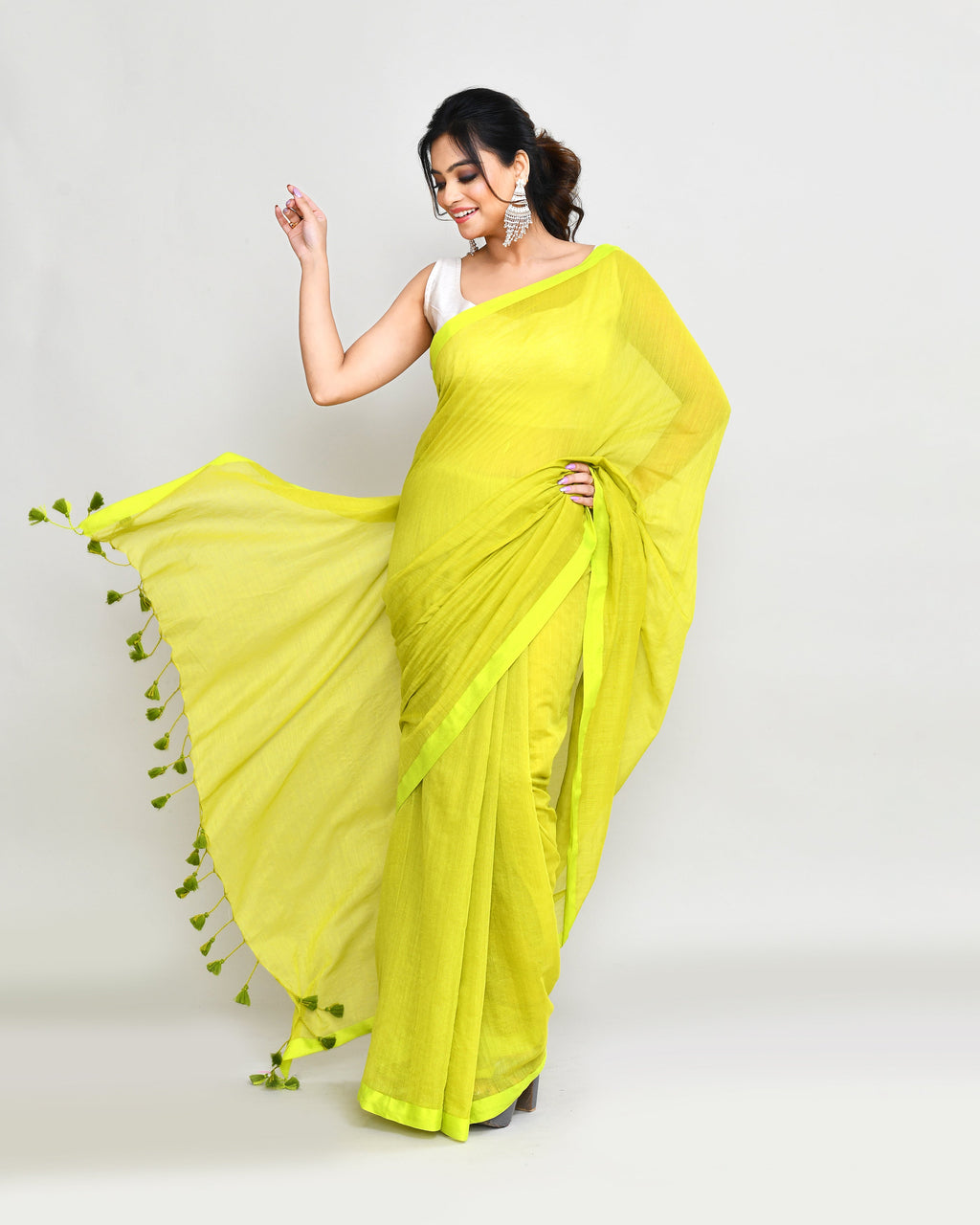 Lime Mulmul Cotton Saree with Tassels - Bohemian Minimalist Sari