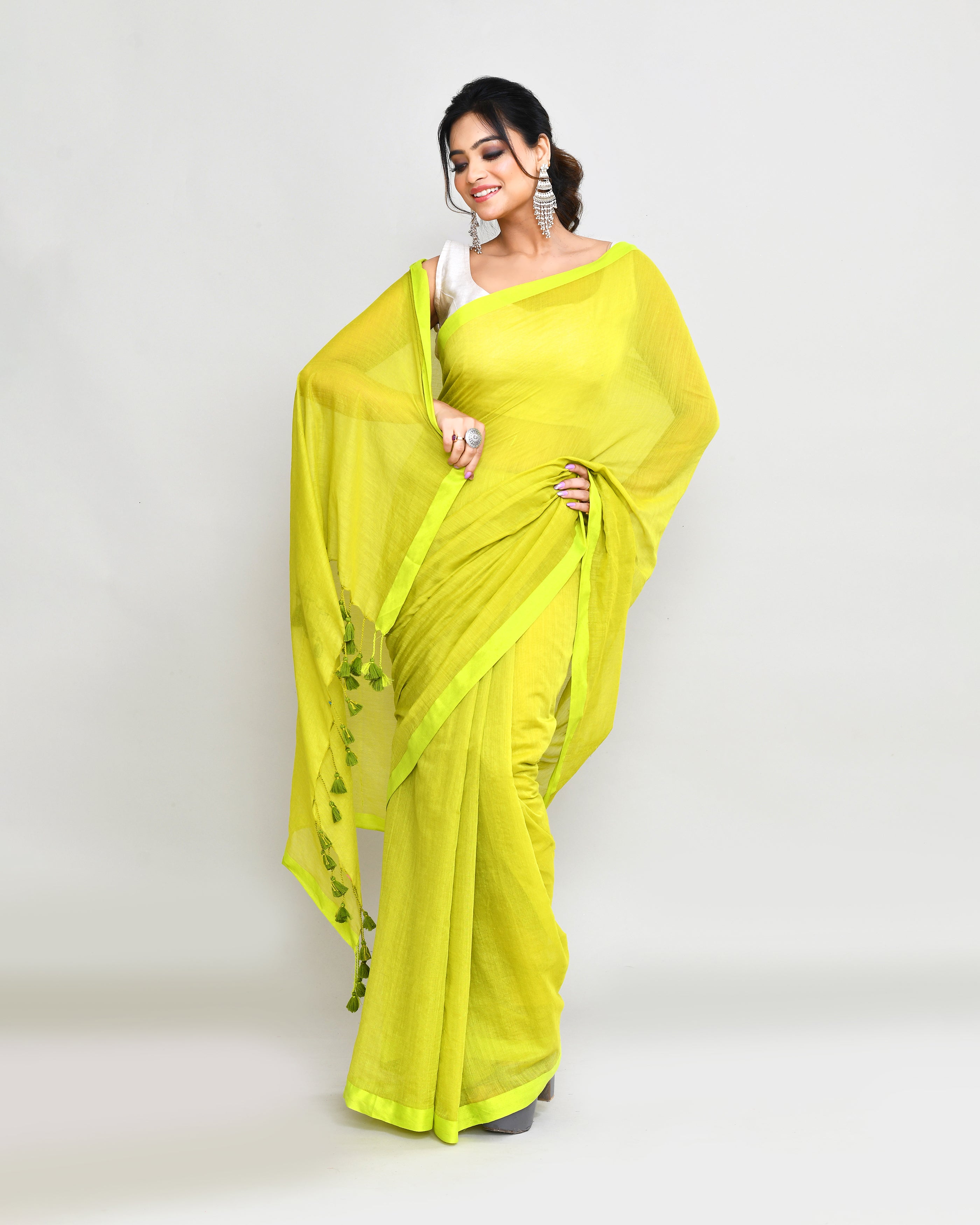 Lime Mulmul Cotton Saree with Tassels - Bohemian Minimalist Sari