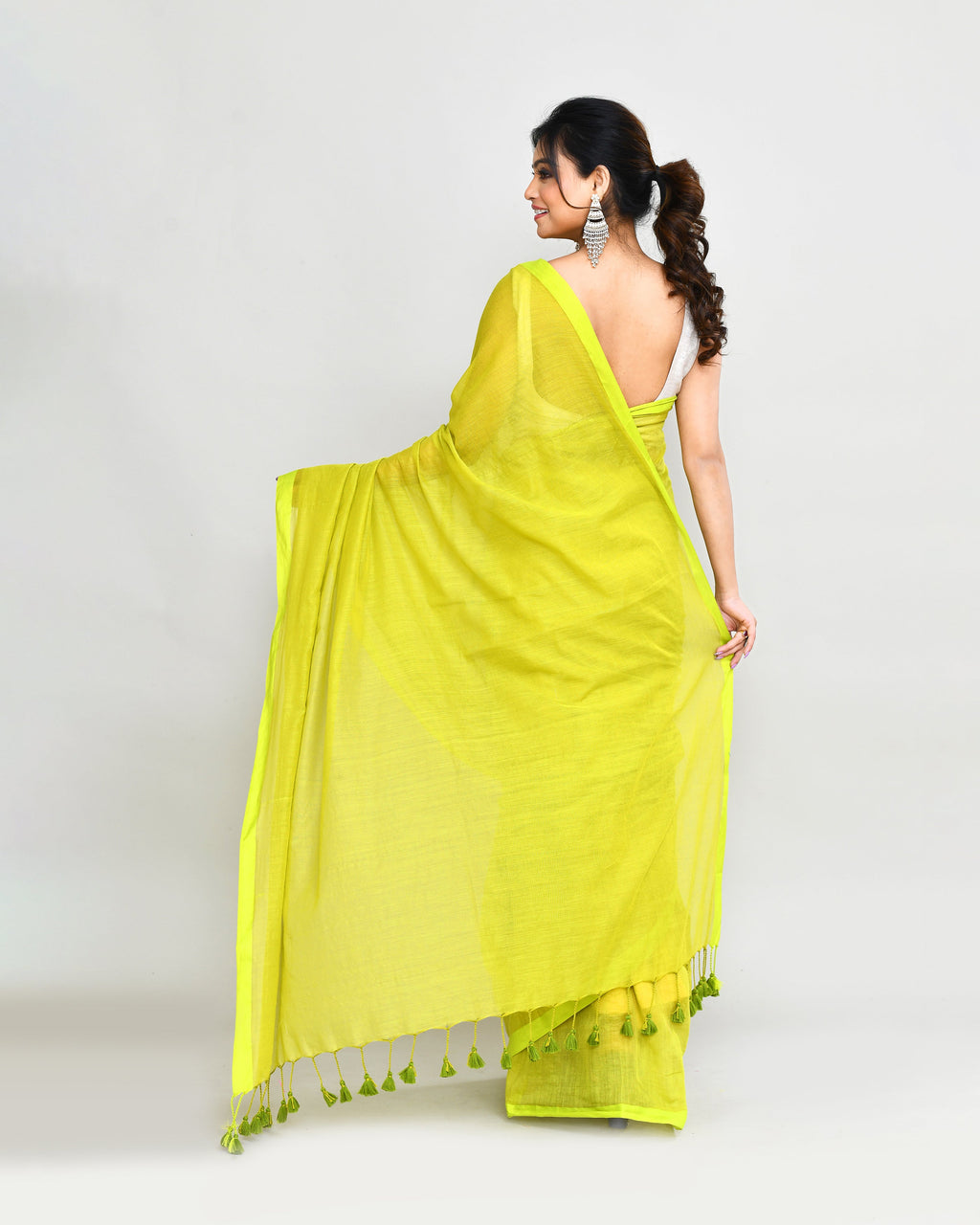 Lime Mulmul Cotton Saree with Tassels - Bohemian Minimalist Sari