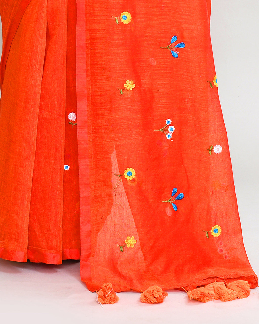 Orange Red Dual Tone Handspun Cotton Saree with Embroidery