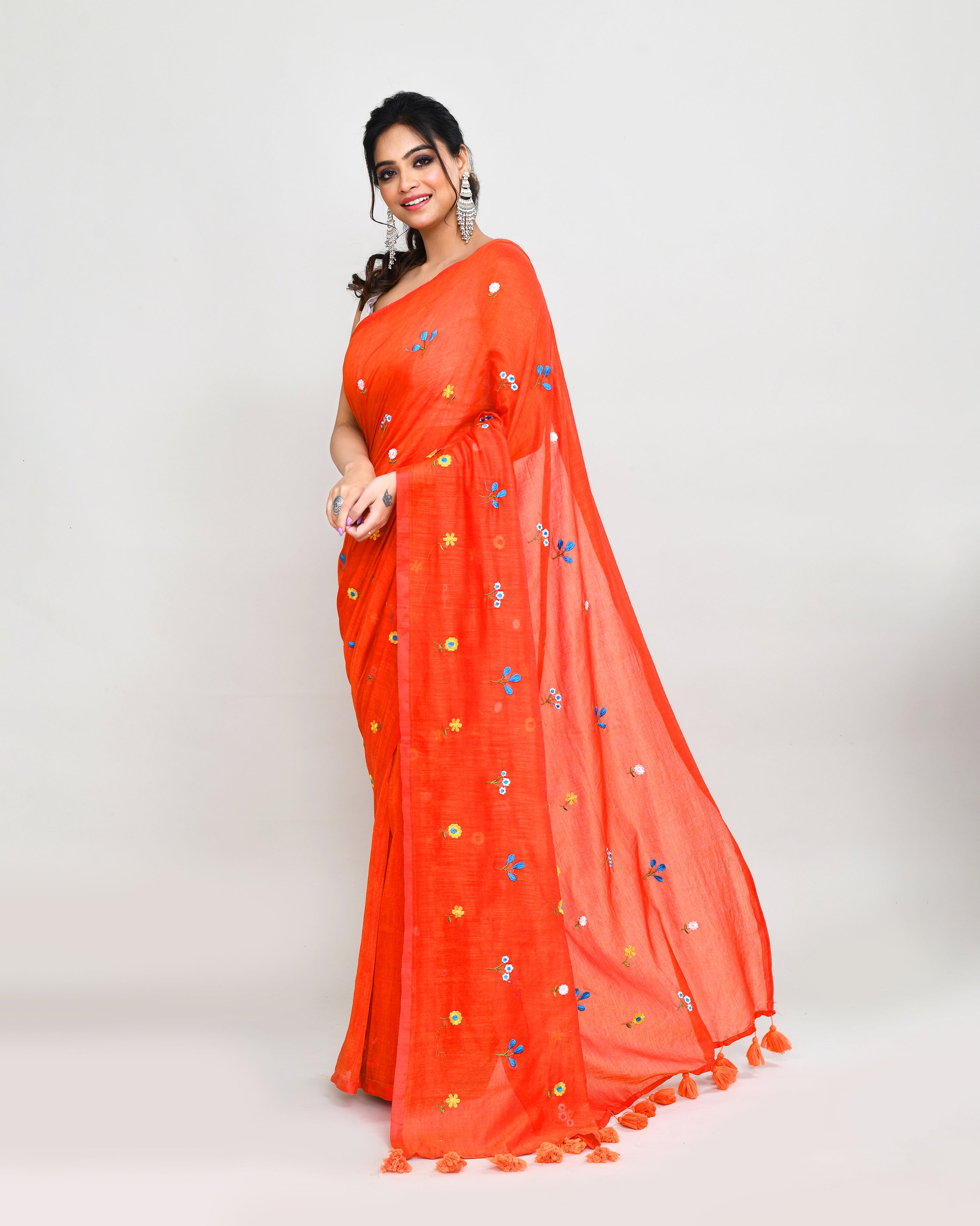 Orange Red Dual Tone Handspun Cotton Saree with Embroidery