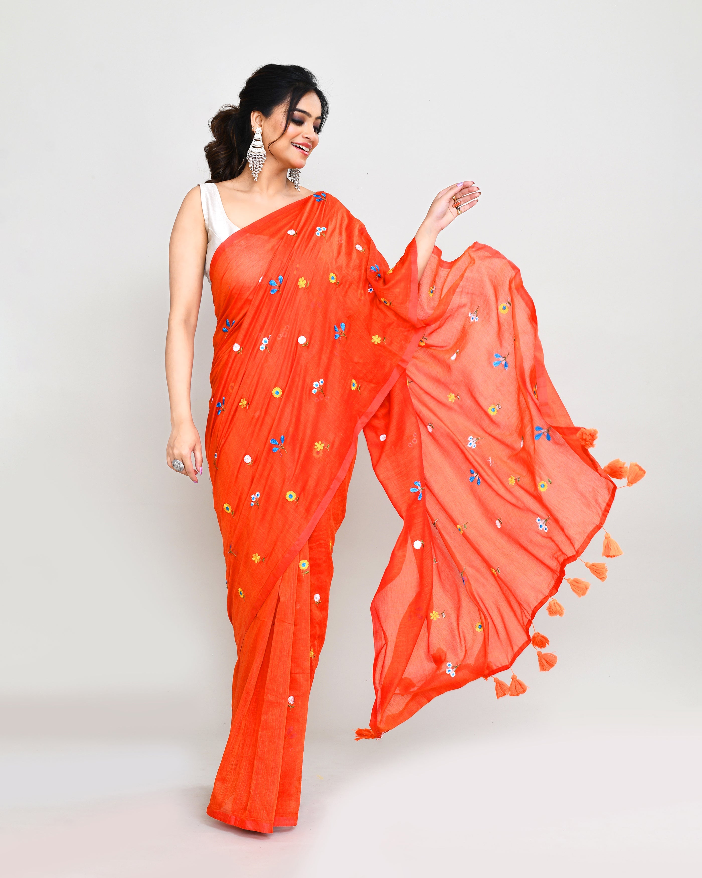Orange Red Dual Tone Handspun Cotton Saree with Embroidery