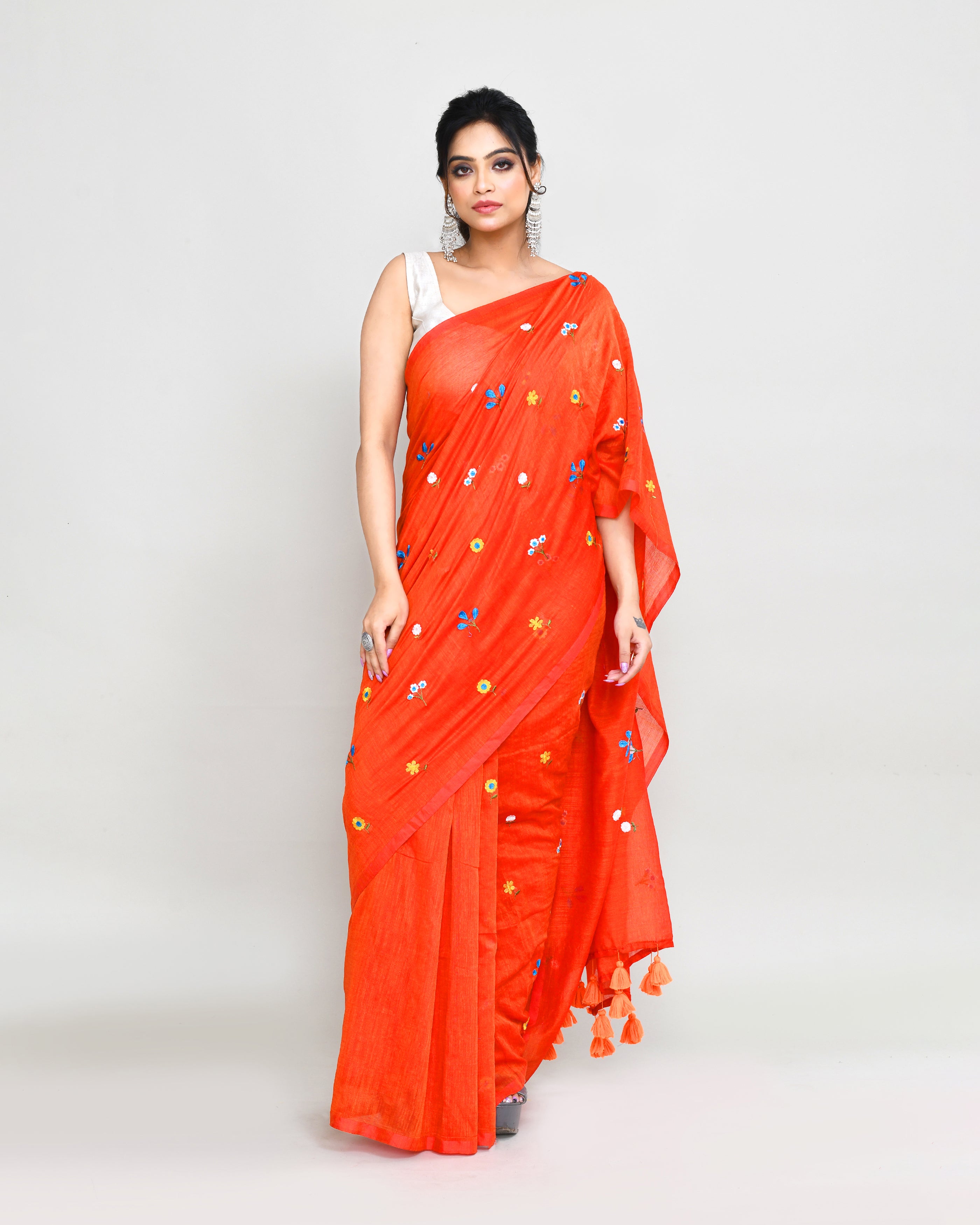 Orange Red Dual Tone Handspun Cotton Saree with Embroidery