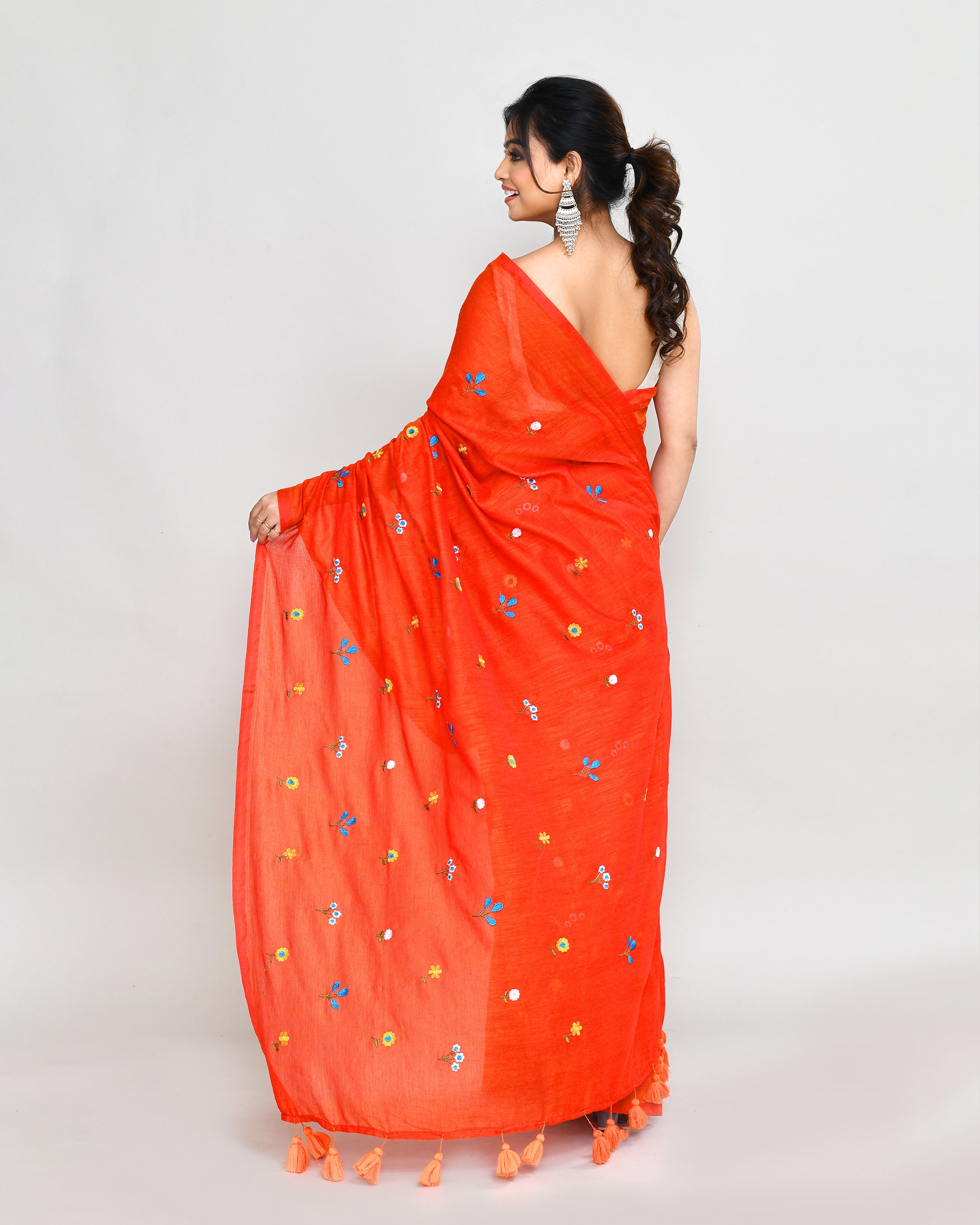Orange Red Dual Tone Handspun Cotton Saree with Embroidery