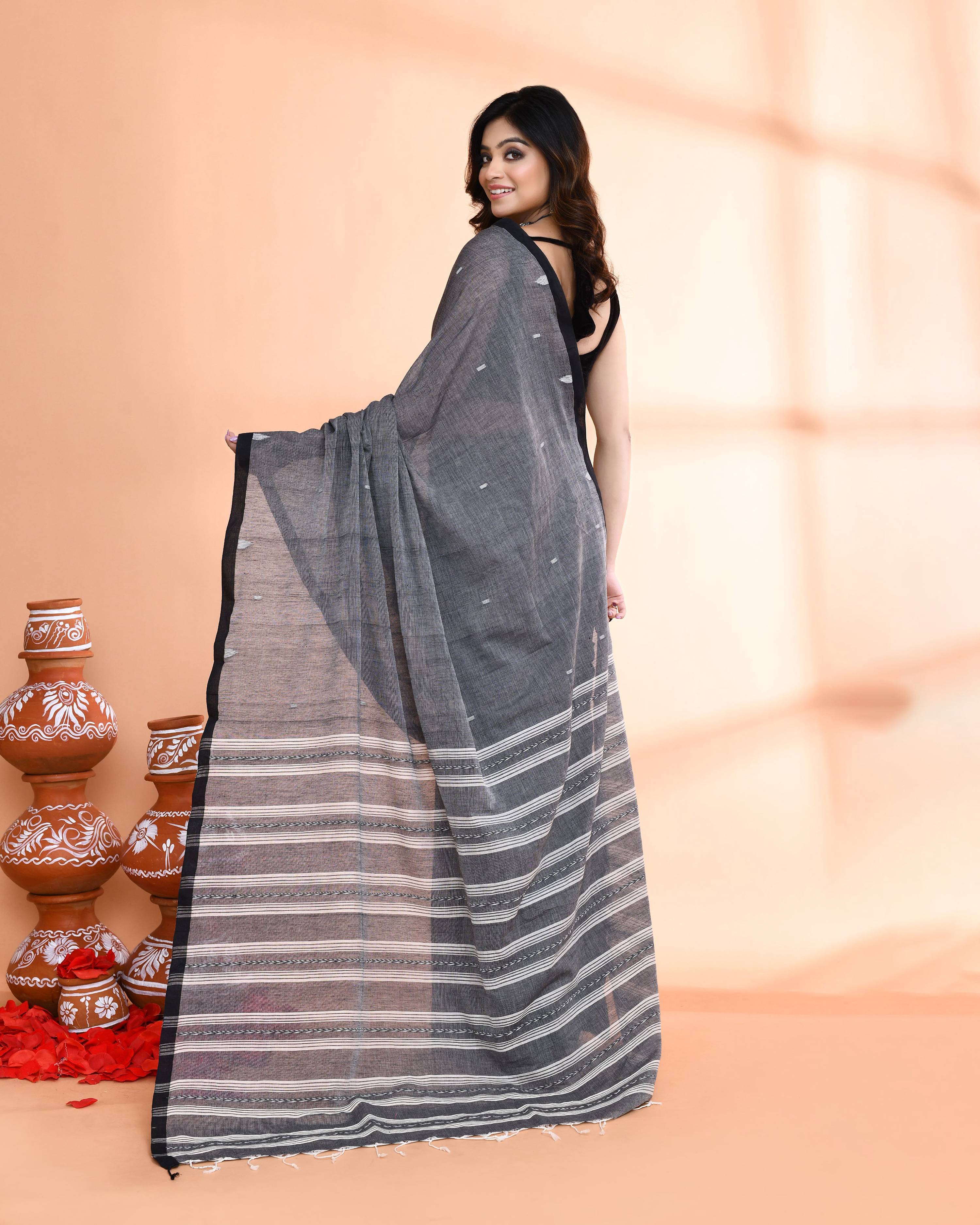 Piyari Fashion Women`s Grey Hand Work Cotton Saree With Blouse