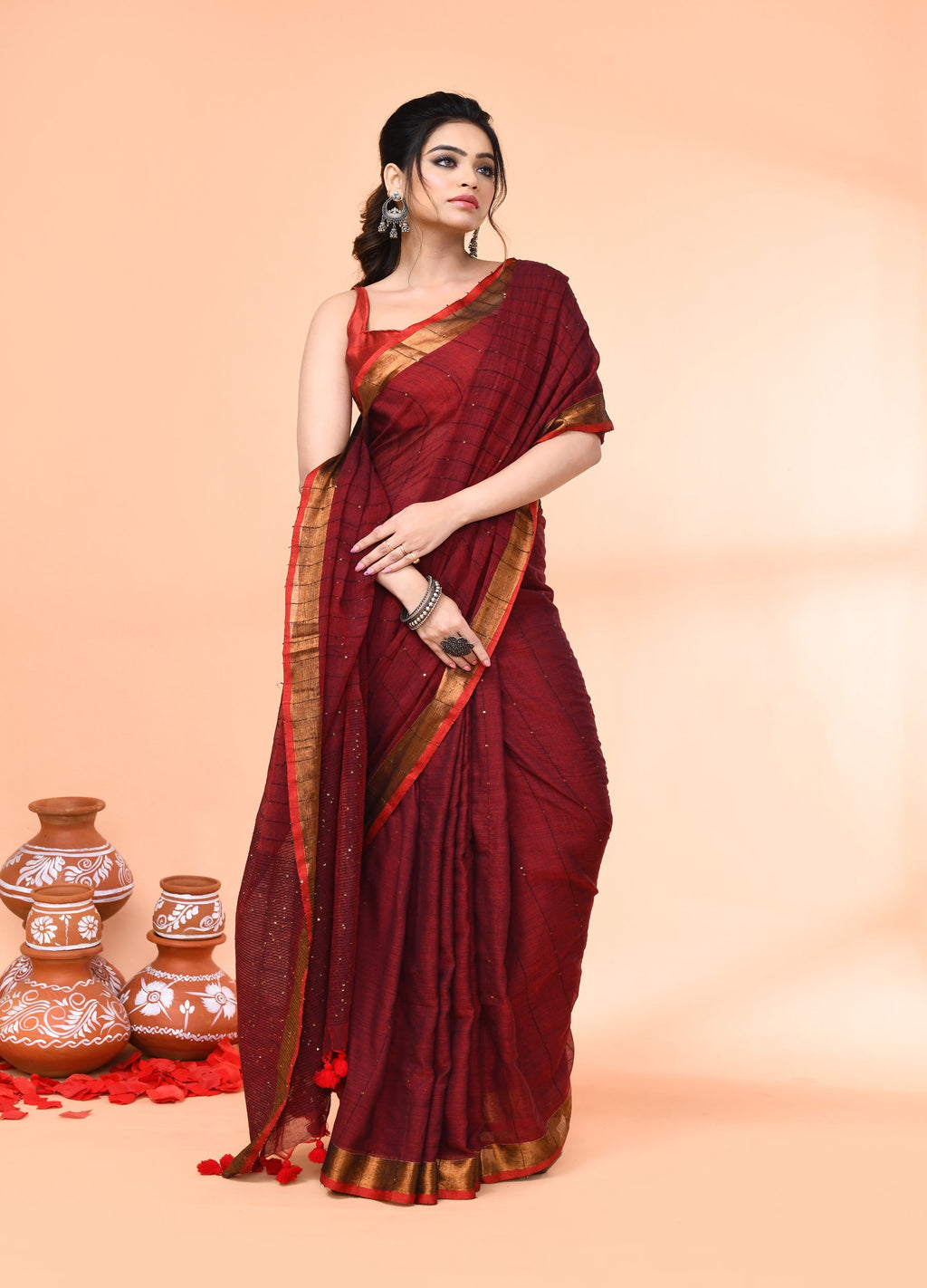 Piyari Fashion Women`s Cotton Handloom Maroon Sequin Saree With Blouse