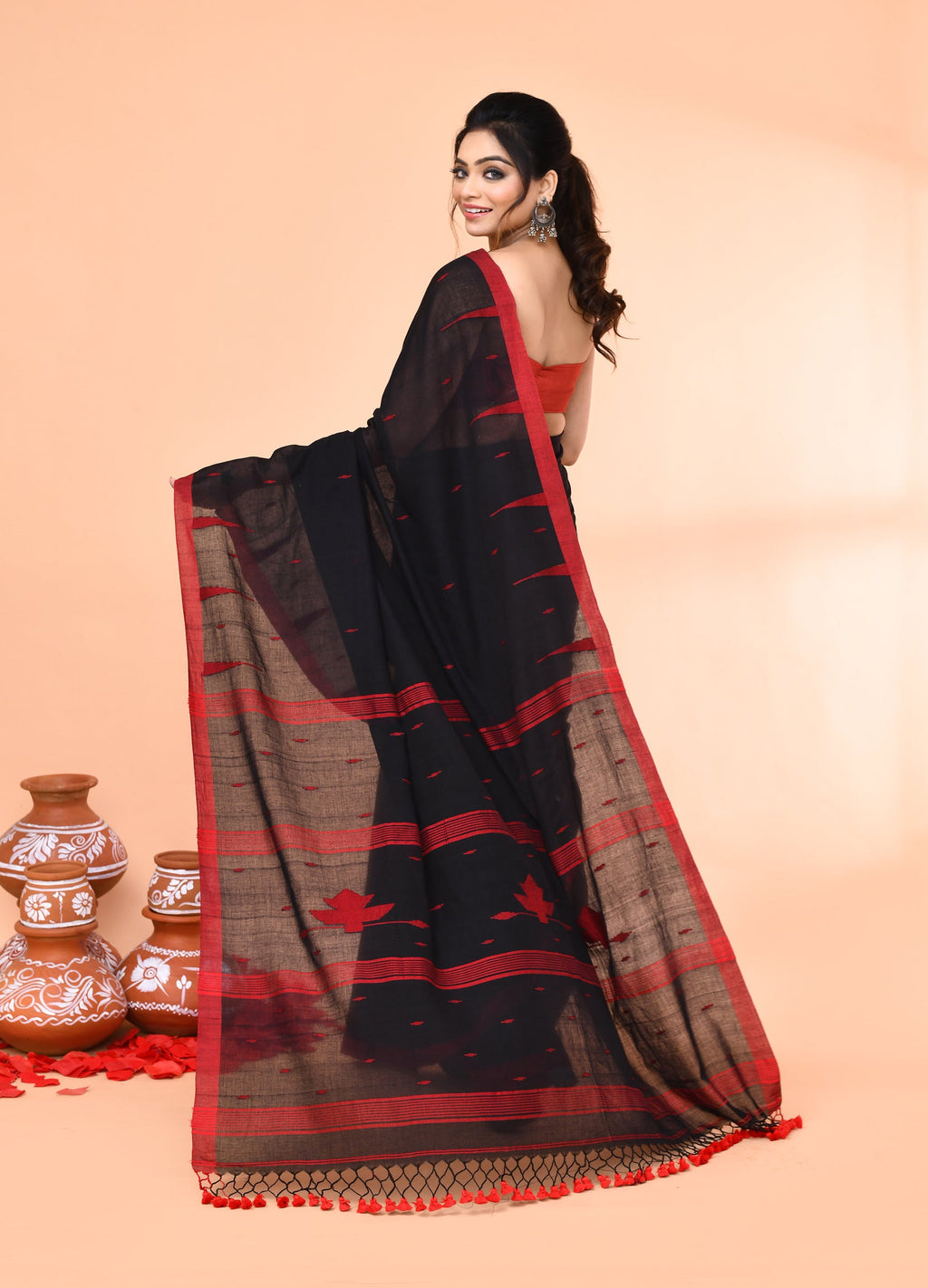 Black Mul Cotton Handloom Jamdani Saree with Matching Blouse