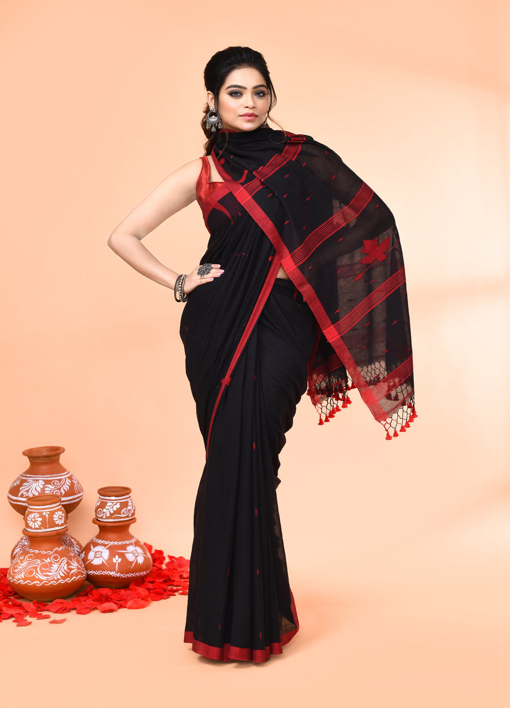 Black Mul Cotton Handloom Jamdani Saree with Matching Blouse