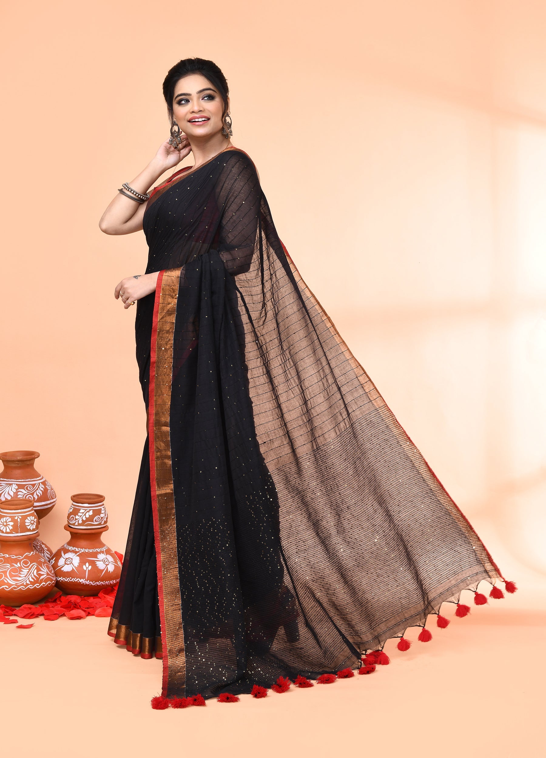 Black Cotton Handloom Saree with Sequin Work and Matching Blouse