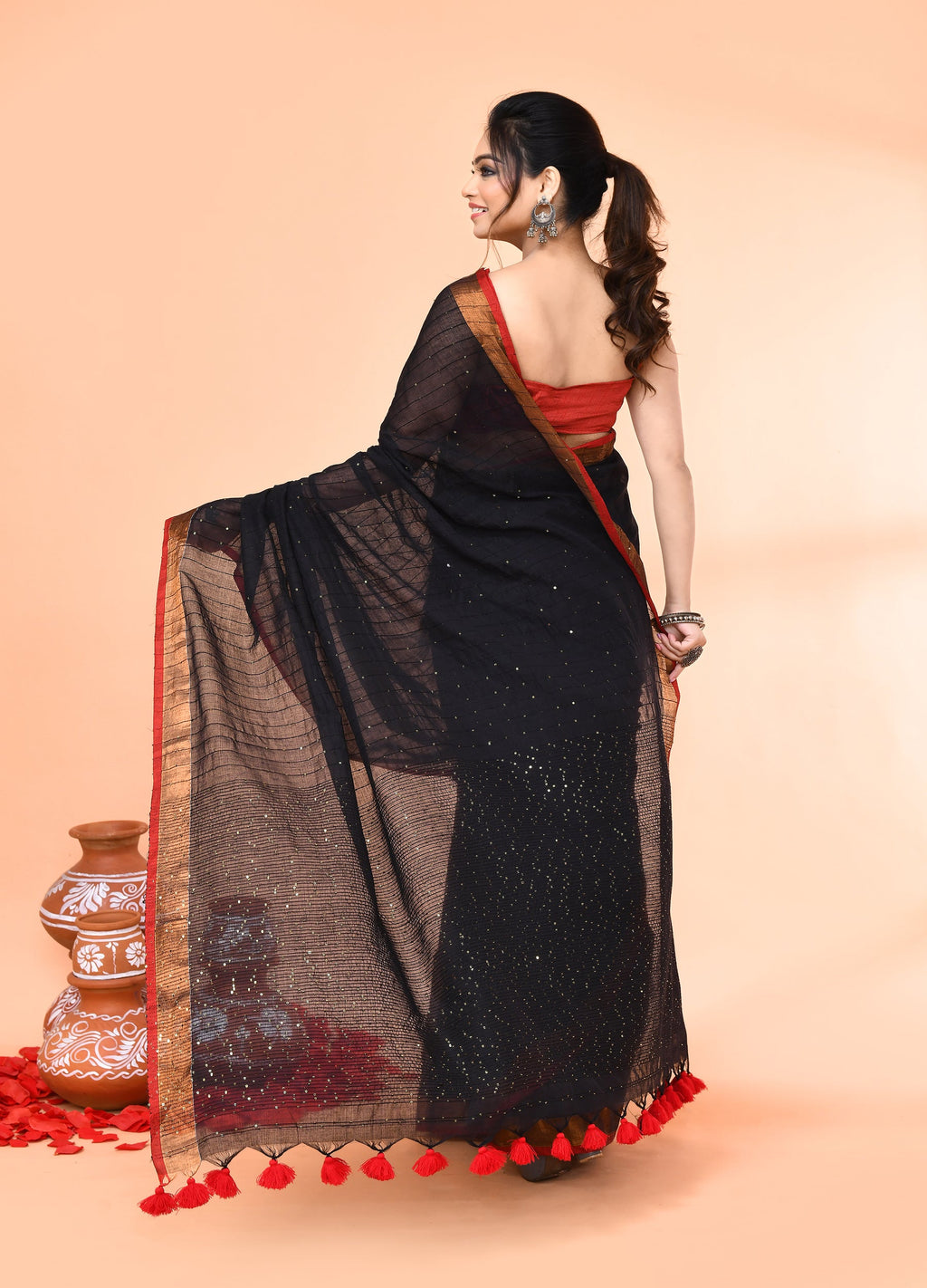 Black Cotton Handloom Saree with Sequin Work and Matching Blouse