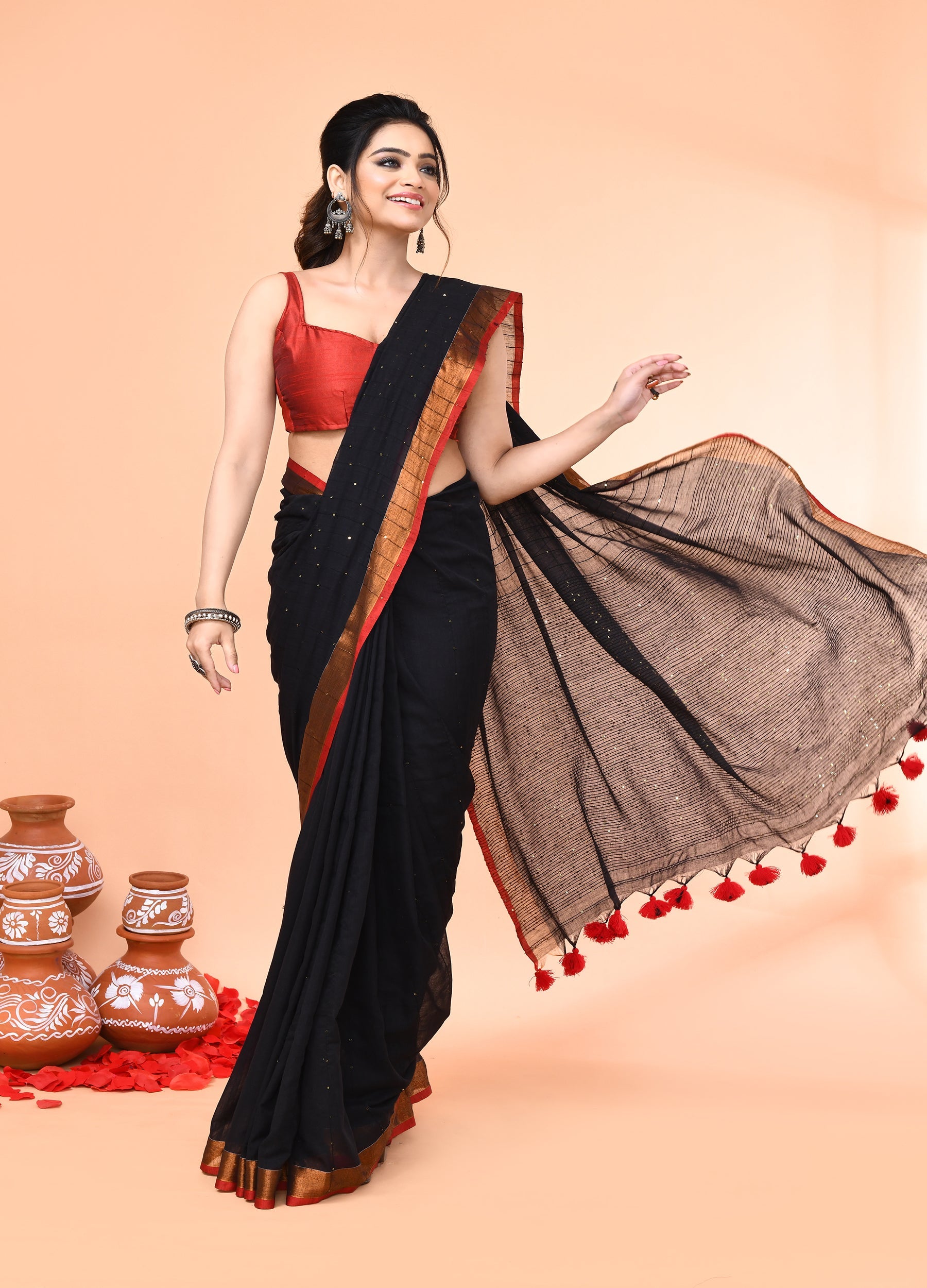 Black Cotton Handloom Saree with Sequin Work and Matching Blouse