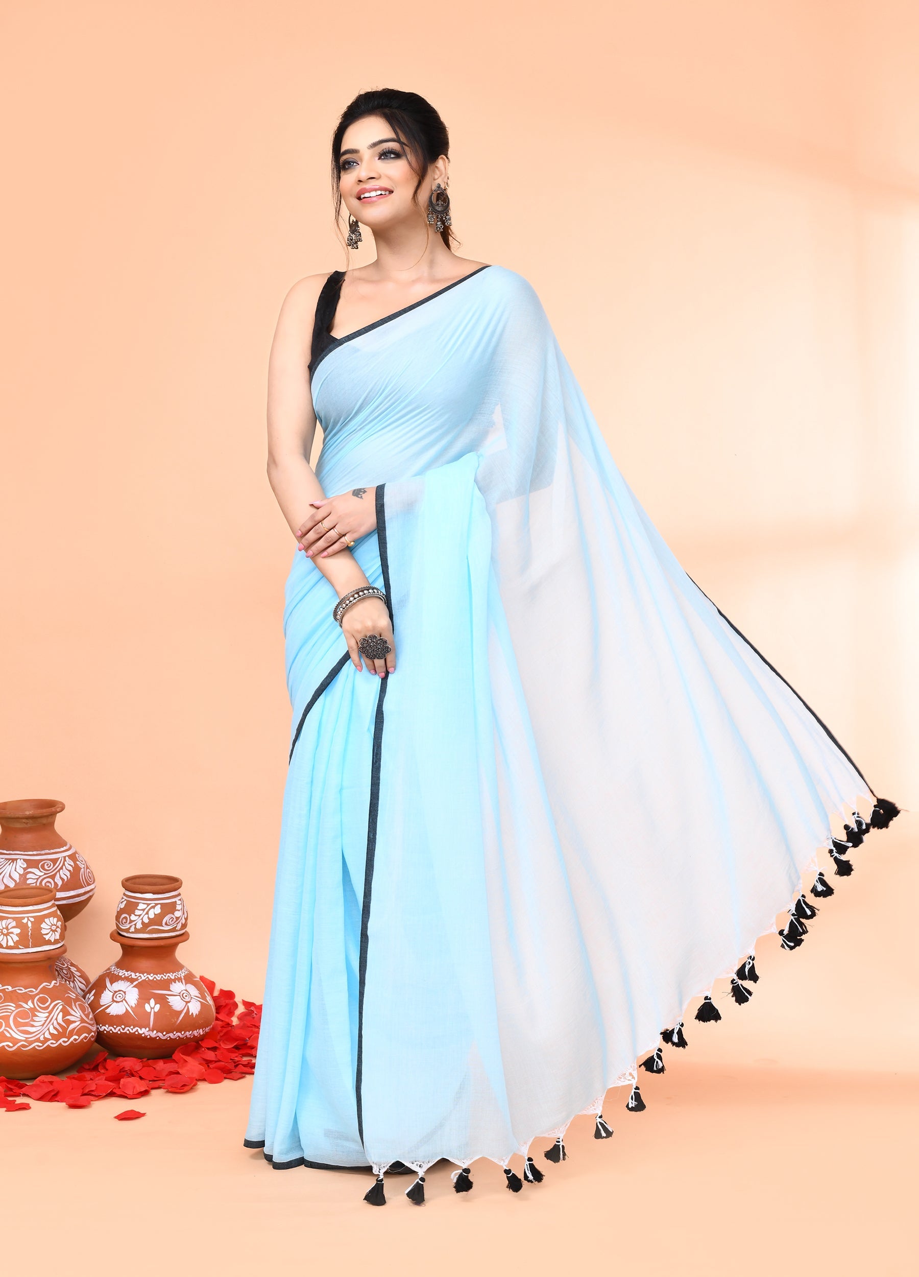 Aqua Blue Mulmul Cotton Saree with Tassels - Lightweight Ethnic Wear