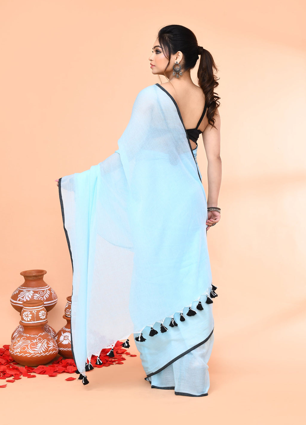 Aqua Blue Mulmul Cotton Saree with Tassels - Lightweight Ethnic Wear