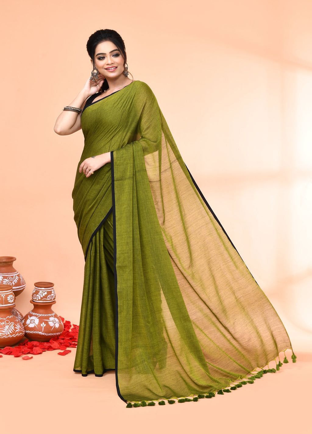 Olive Mulmul Cotton Saree with Tassel Details