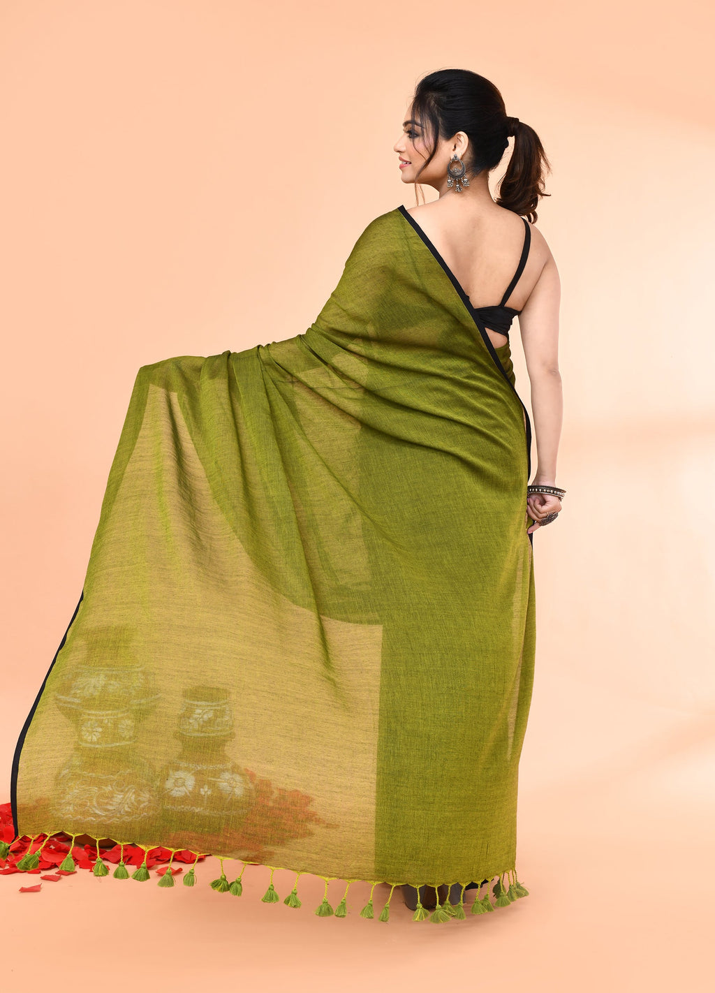 Olive Mulmul Cotton Saree with Tassel Details