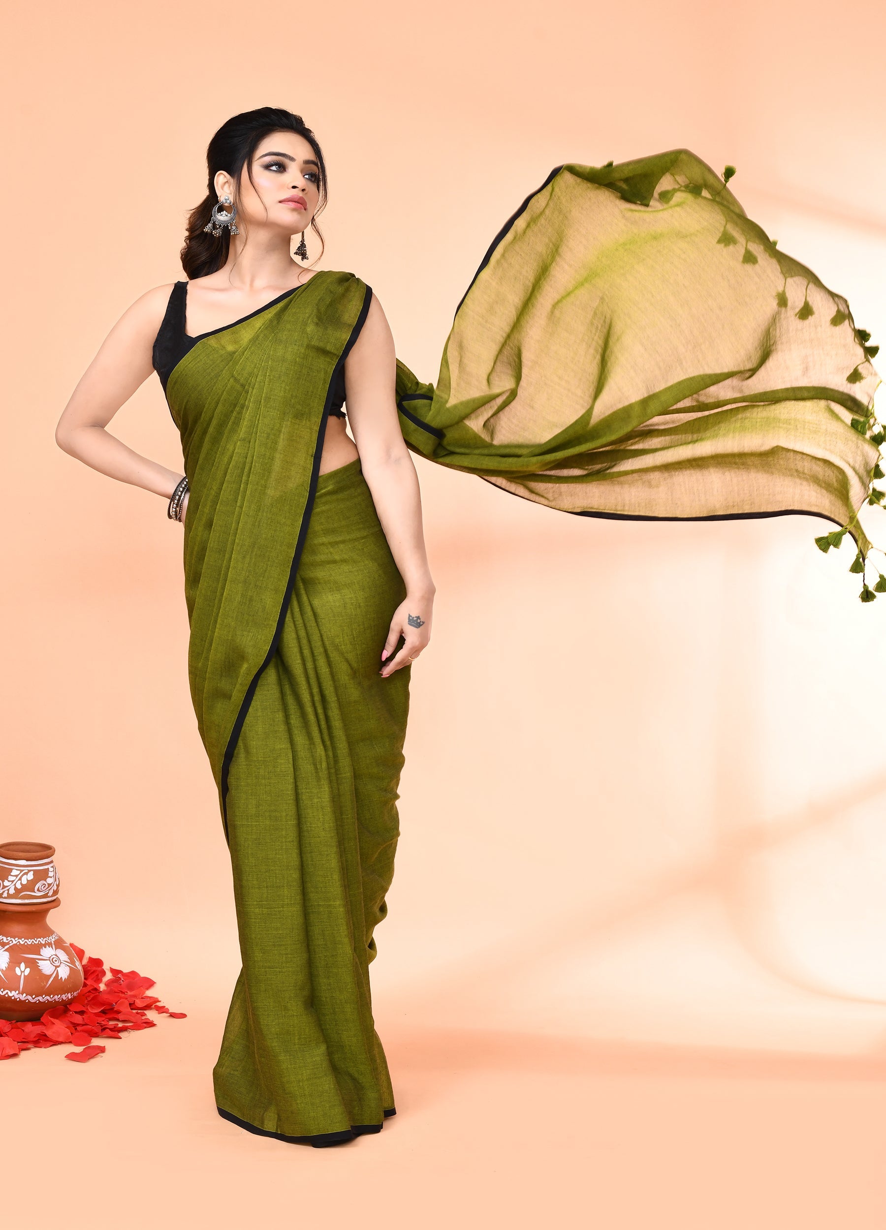 Olive Mulmul Cotton Saree with Tassel Details
