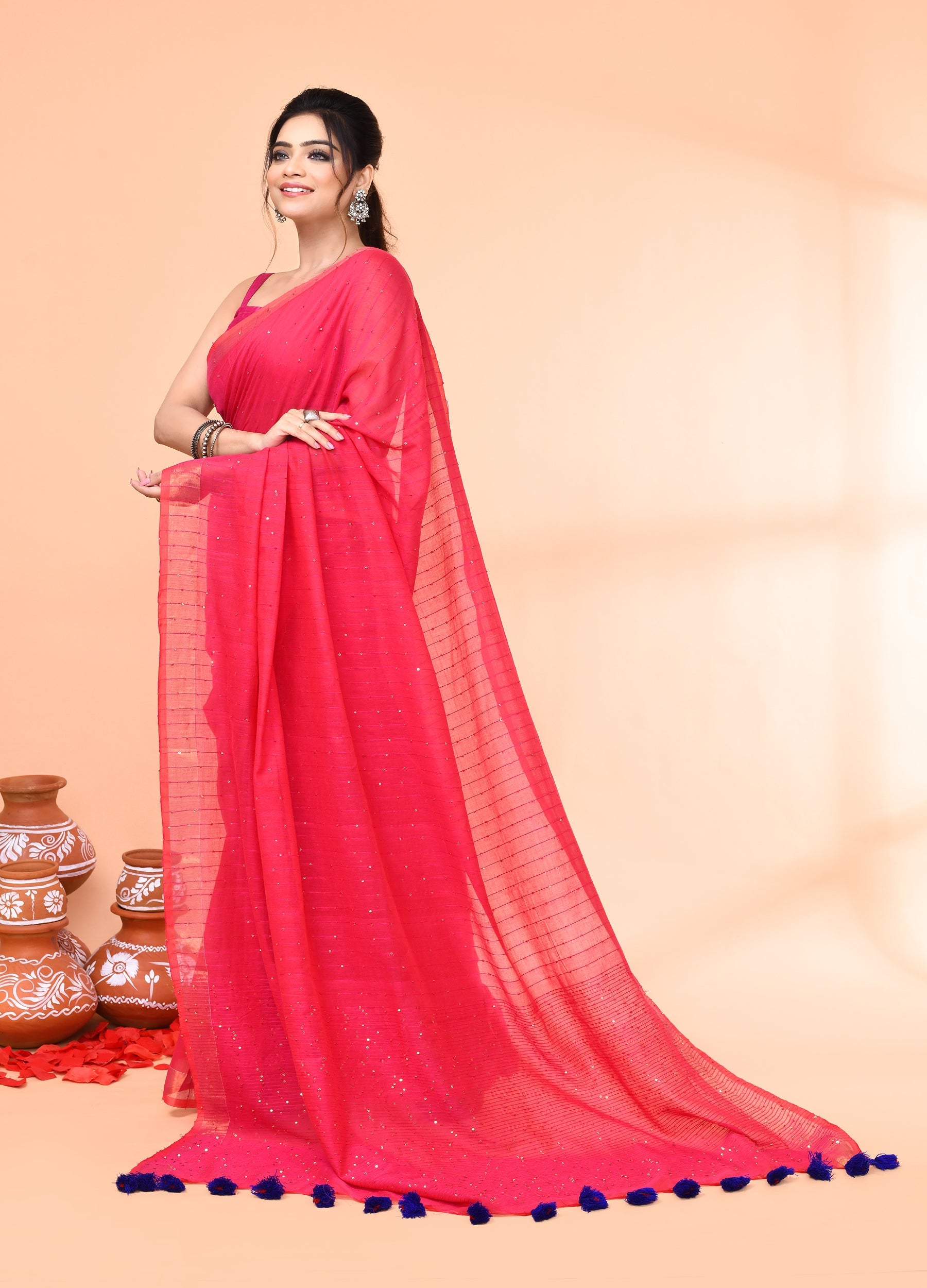 Pink Cotton Handloom Saree with Sequin Work and Blouse