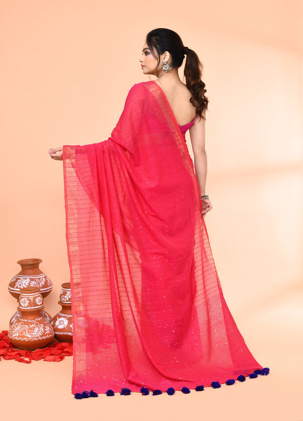 Pink Cotton Handloom Saree with Sequin Work and Blouse