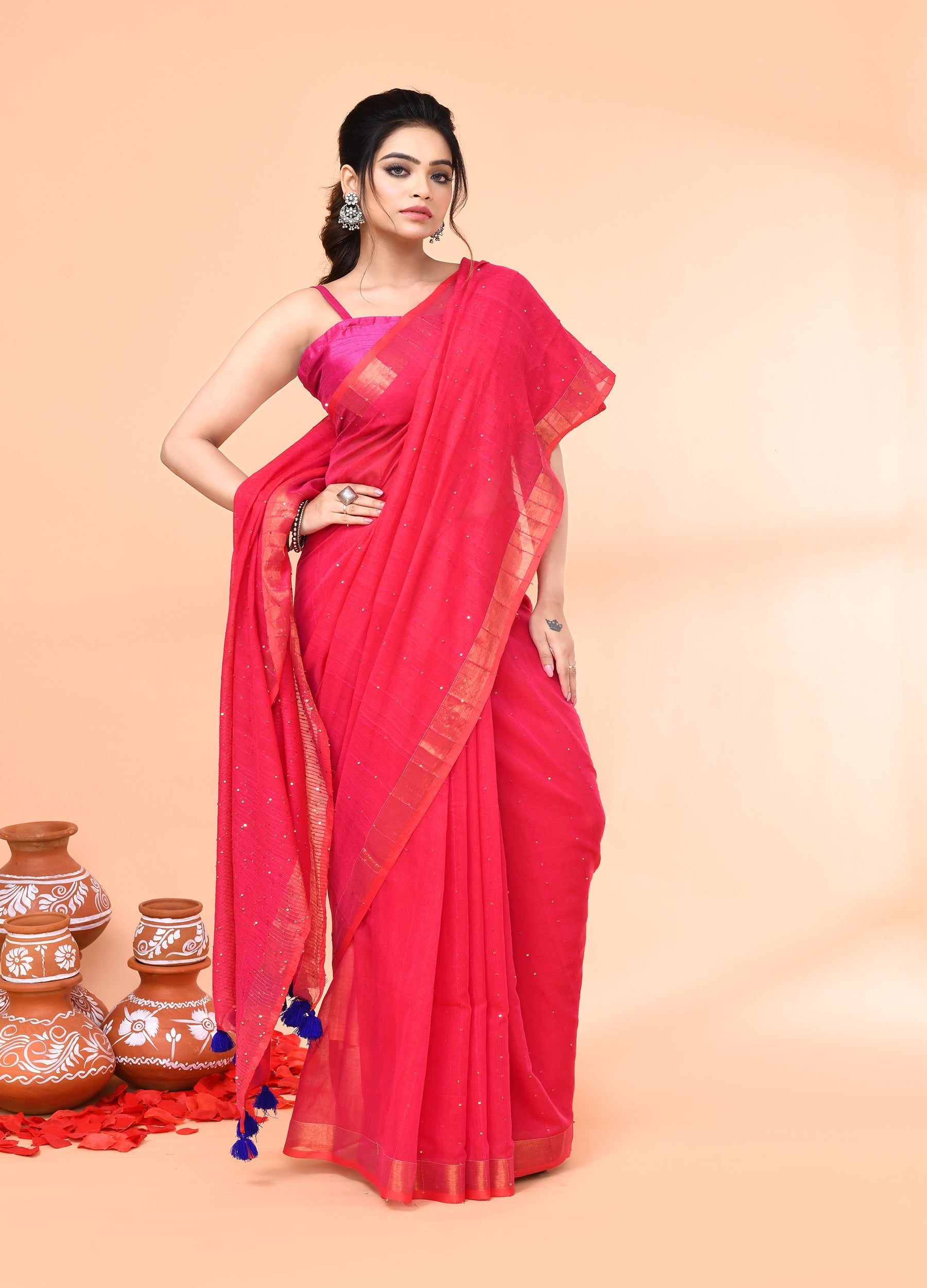 Pink Cotton Handloom Saree with Sequin Work and Blouse