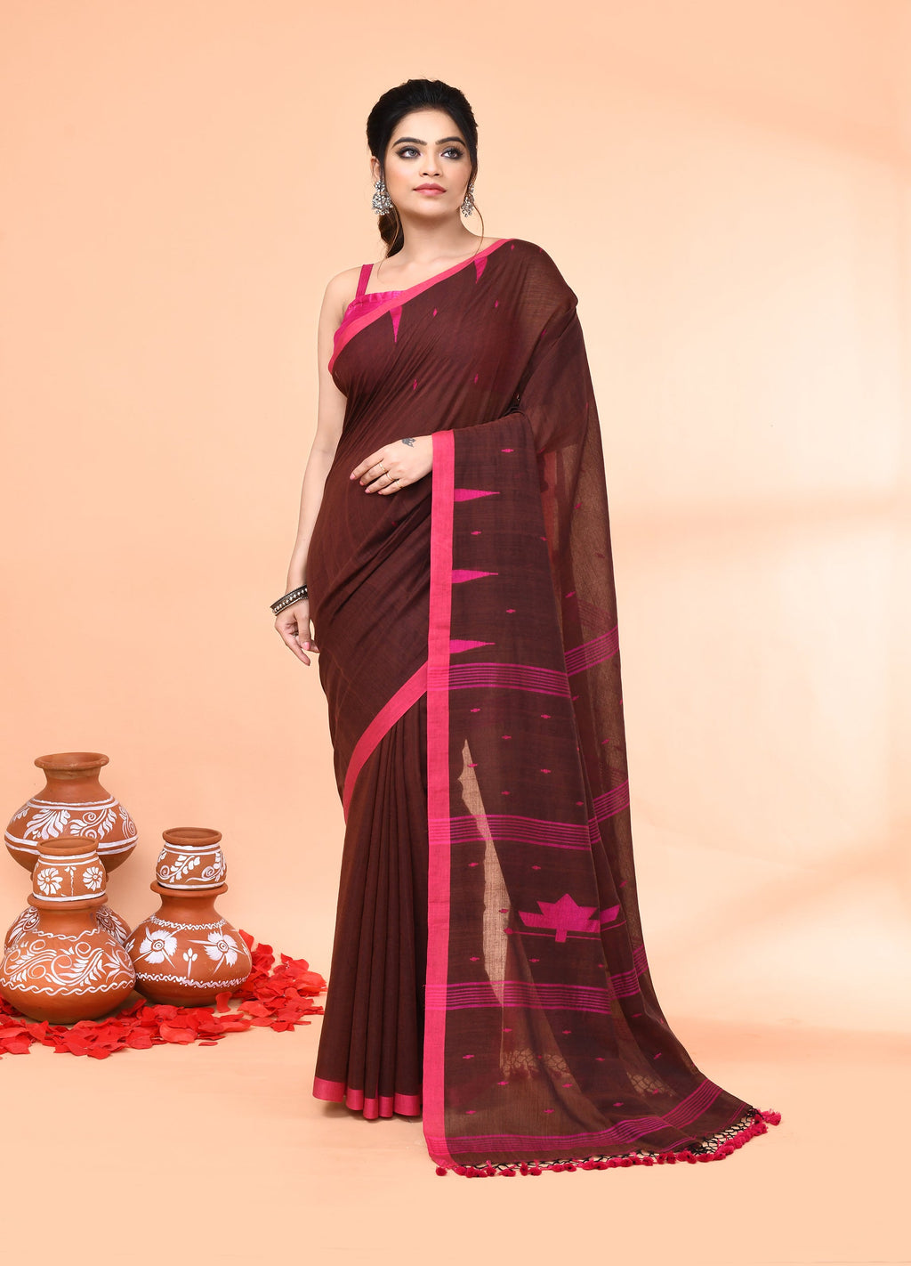 Brown mul cotton handloom Jamdani saree with matching blouse
