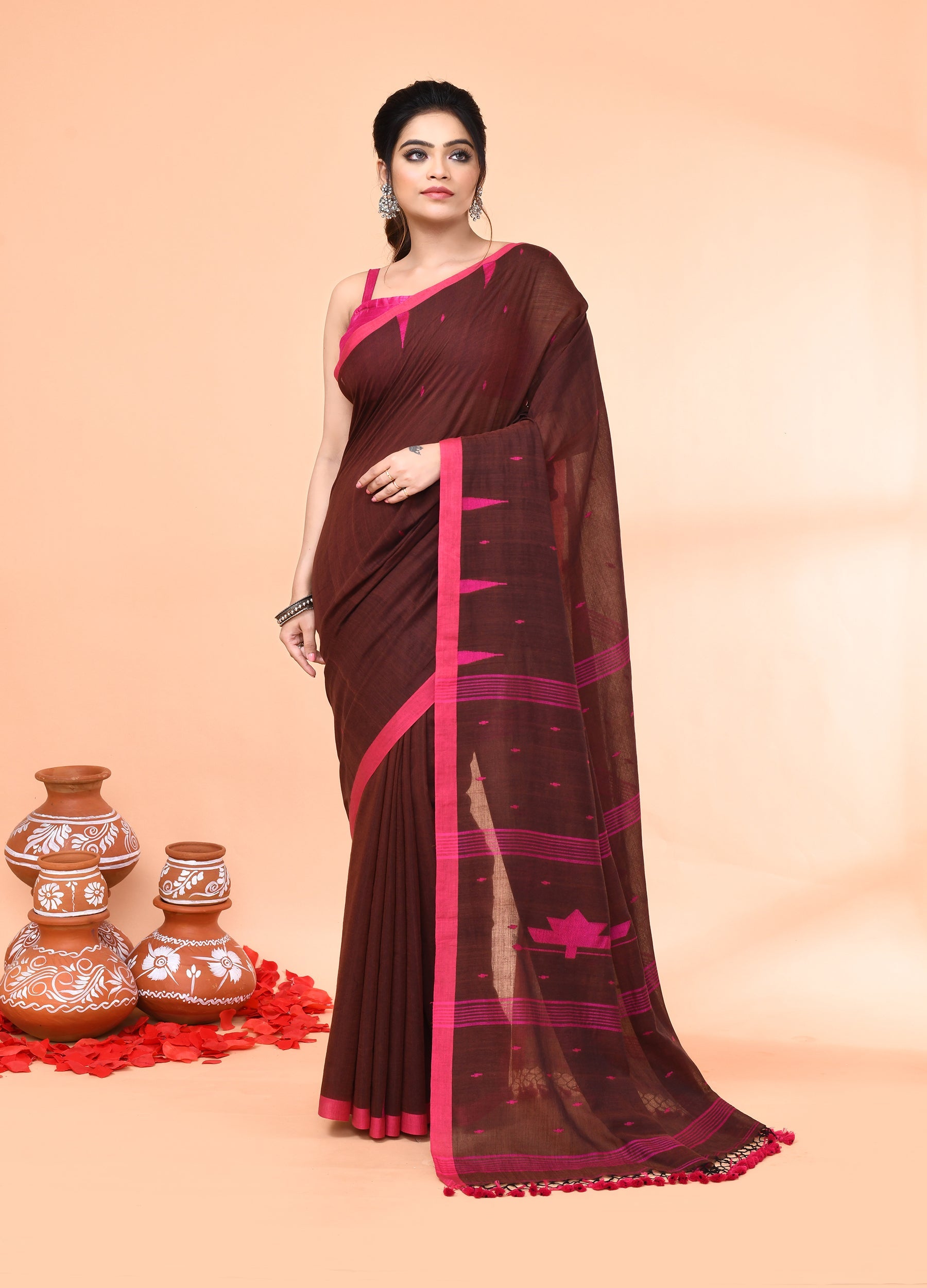 Brown mul cotton handloom Jamdani saree with matching blouse