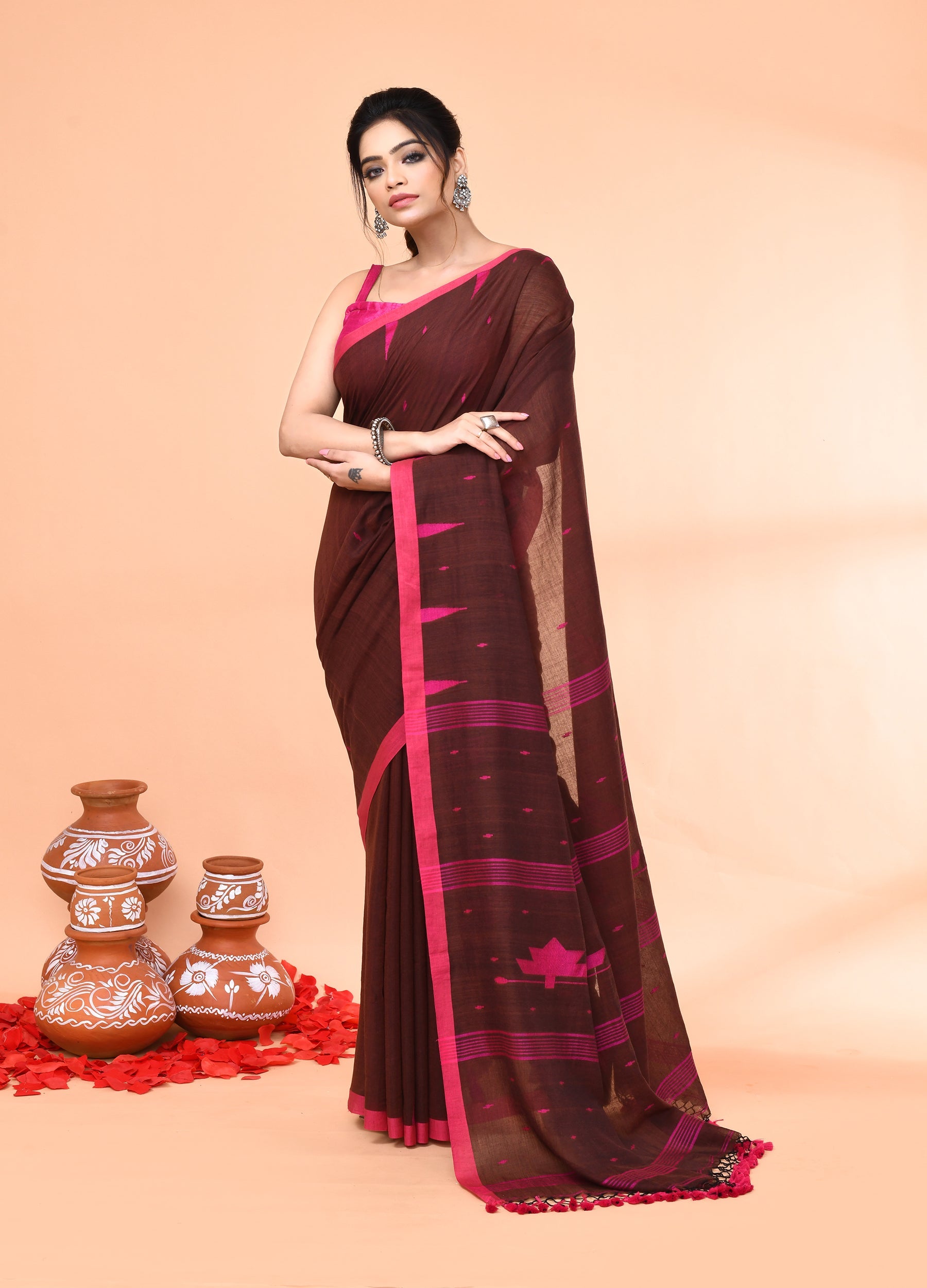 Brown Mul Cotton Handloom Jamdani Saree with Matching Blouse