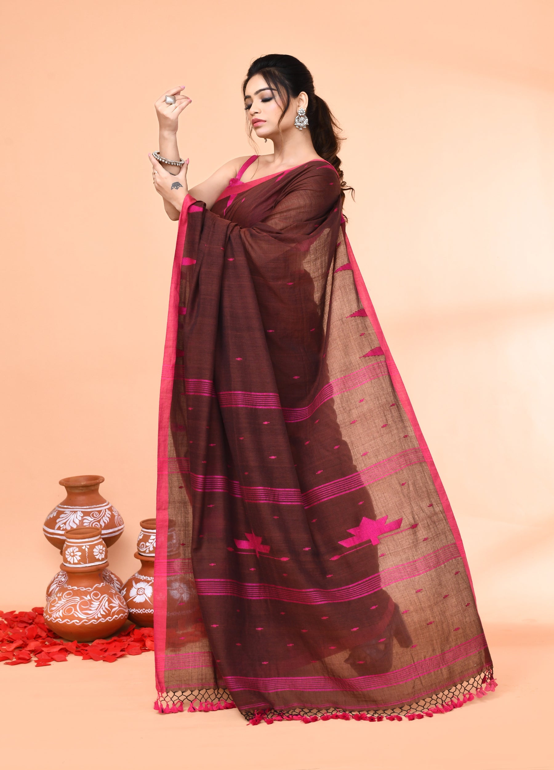 Brown Mul Cotton Handloom Jamdani Saree with Matching Blouse